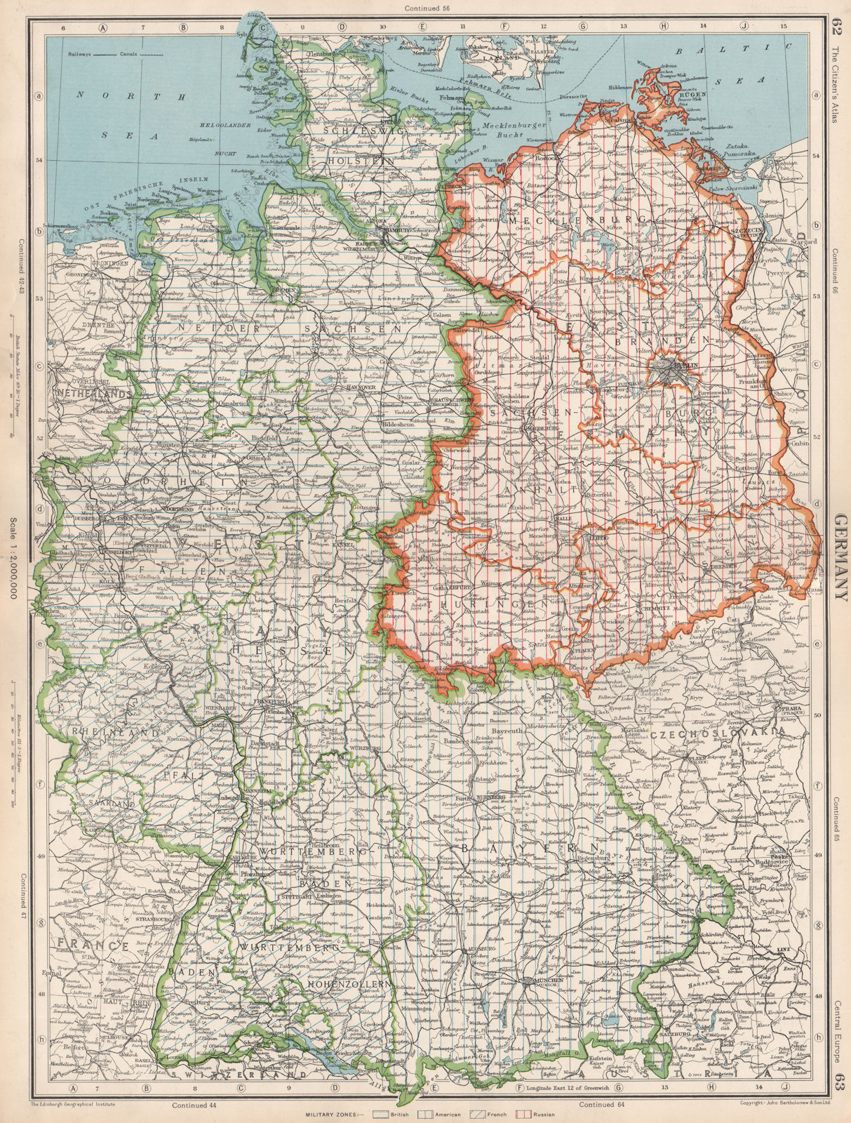 GERMANY. showing post WW2 military zones. British US French Russian 1952 map