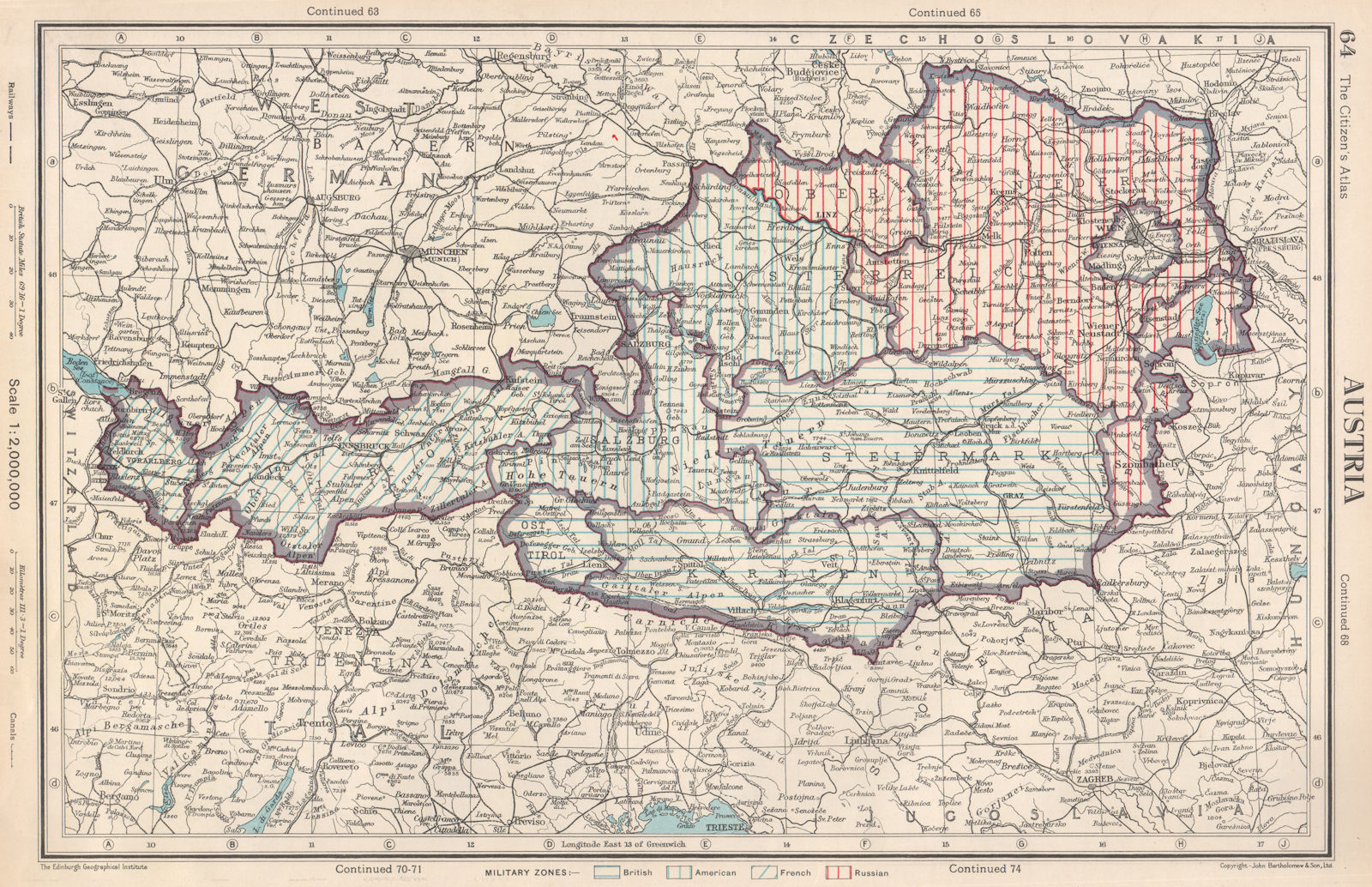 AUSTRIA. showing post WW2 military zones. British US French Russian 1952 map