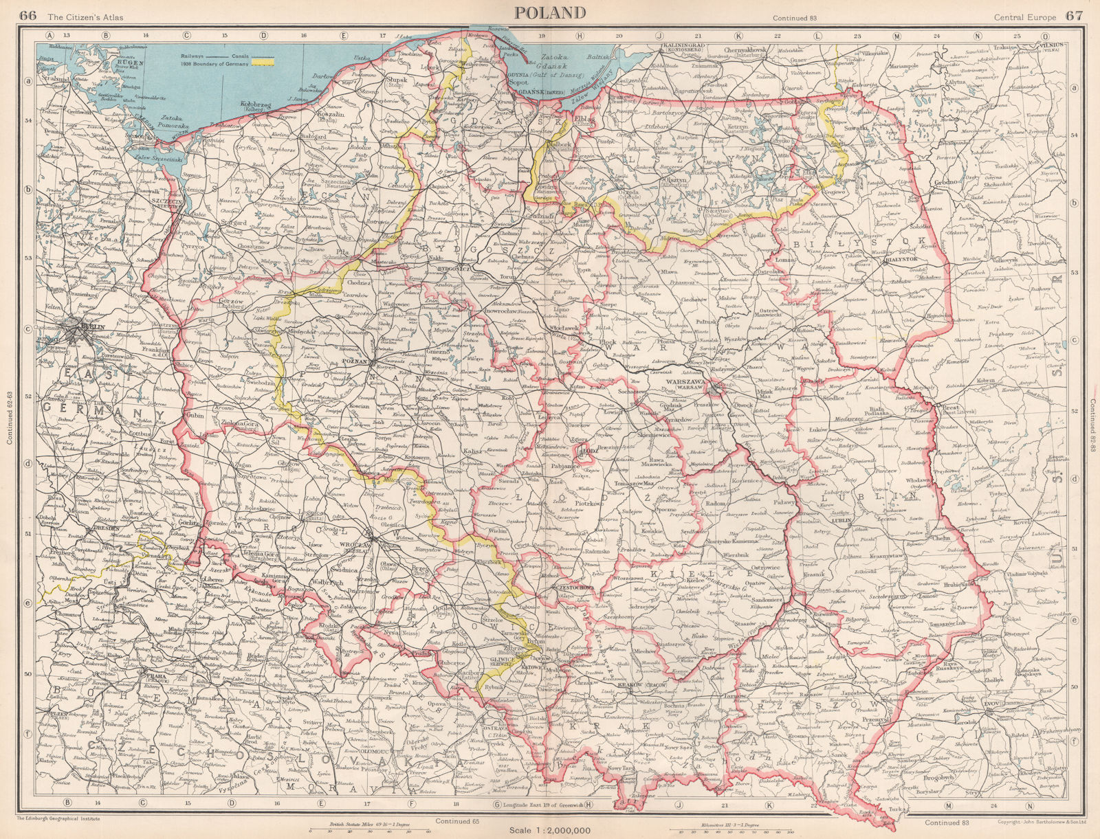 POLAND. showing voivodeships/provinces/wojewodztwa & 1938 German border 1952 map