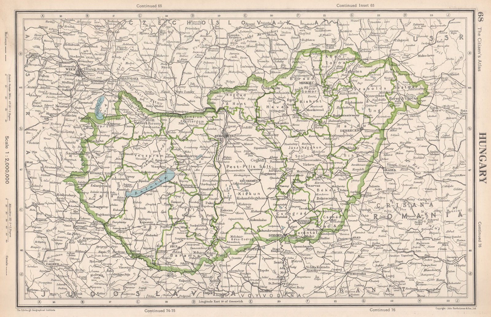 HUNGARY. Showing counties/megyék/megye/megyek. BARTHOLOMEW 1952 old map