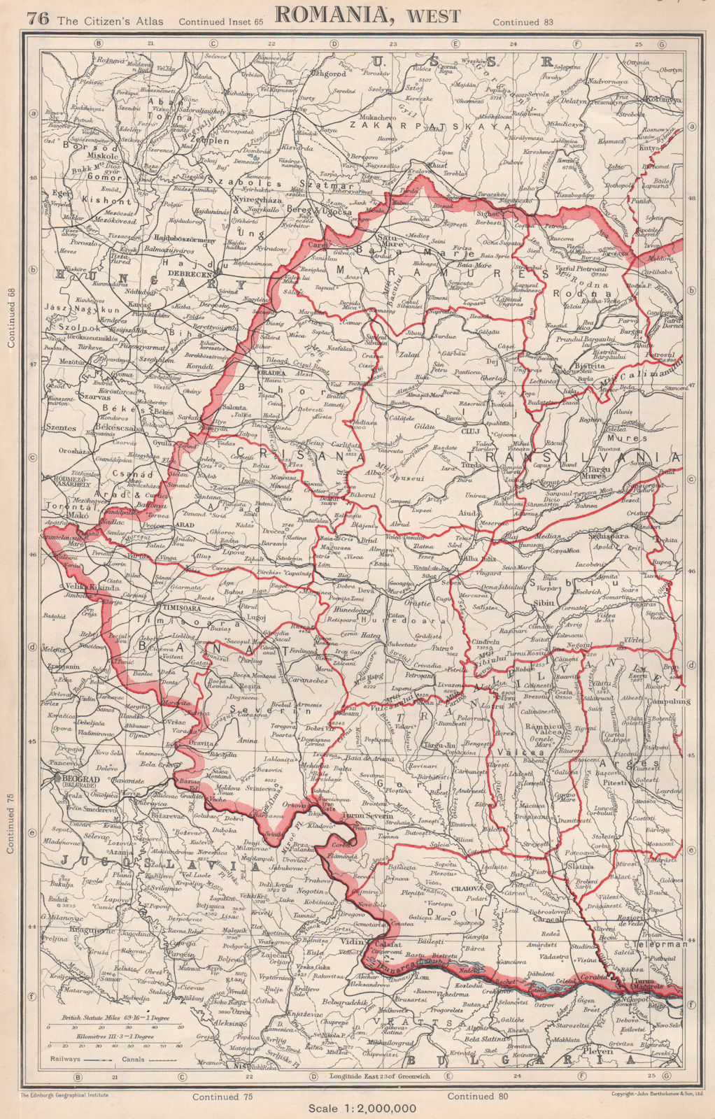 ROMANIA WEST. showing judeţ/judets/counties. BARTHOLOMEW 1952 old vintage map