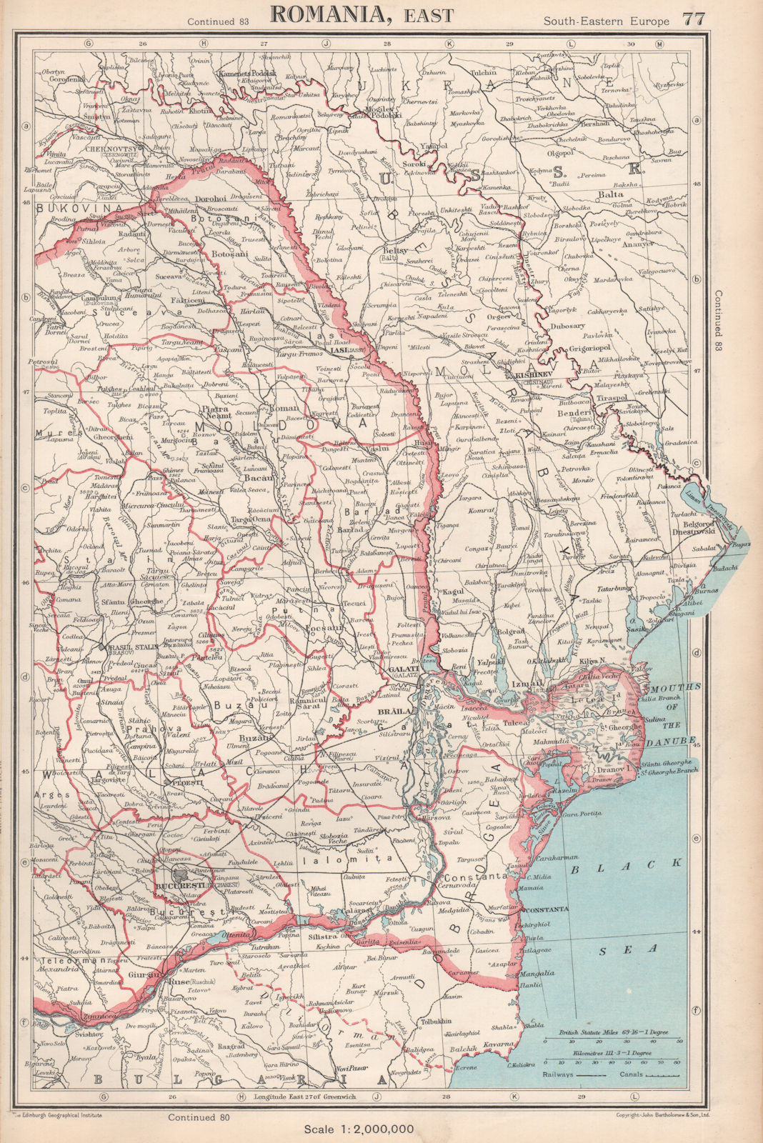 ROMANIA EAST. showing judeţ/judets/counties. BARTHOLOMEW 1952 old vintage map