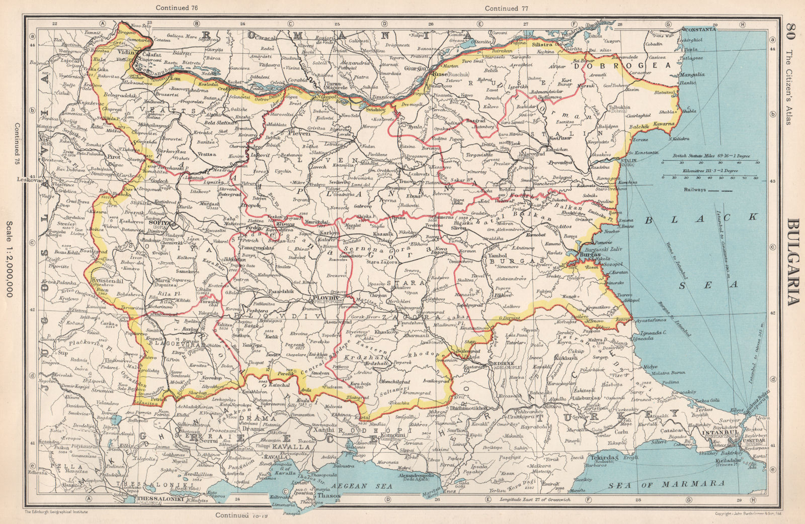 BULGARIA. Showing okrugs/okrags. BARTHOLOMEW 1952 old vintage map plan chart