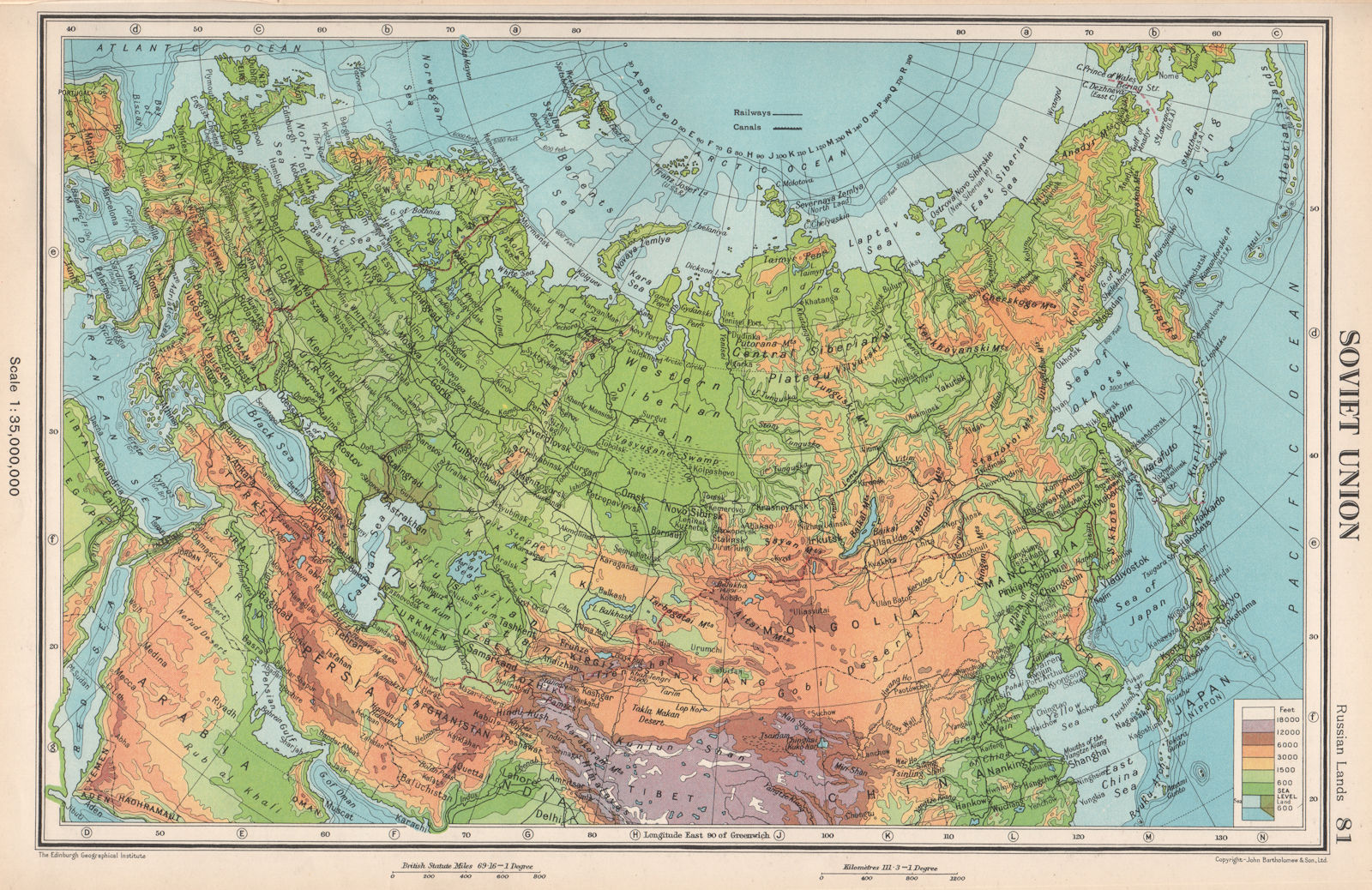SOVIET UNION PHYSICAL. USSR. Railways. BARTHOLOMEW 1952 old vintage map chart