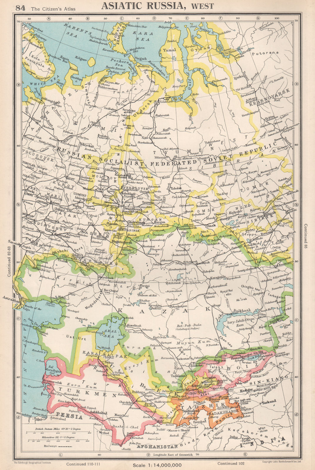 CENTRAL ASIA. Russia Kazak Turkmen Uzbek Kirgiz Tadzhik. BARTHOLOMEW 1952 map
