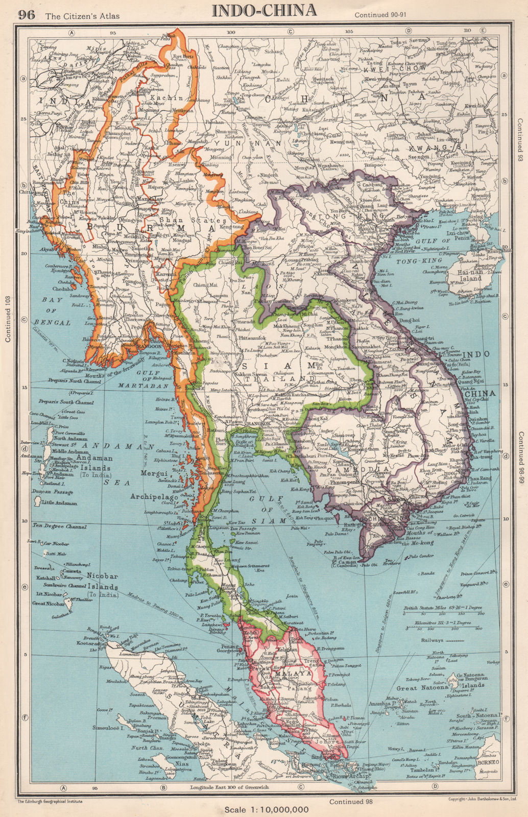 INDOCHINA. Burma Siam French Indochina Malaya. BARTHOLOMEW 1952 old map