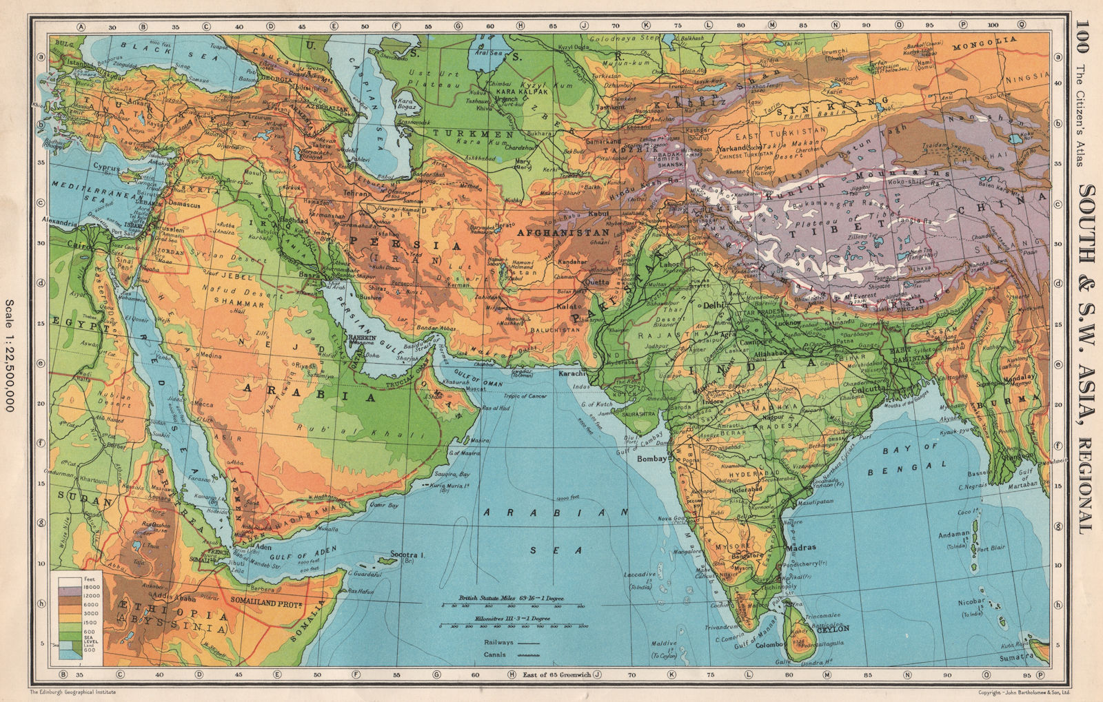SOUTH & SOUTH WEST ASIA. Physical. Main railways. BARTHOLOMEW 1952 old map