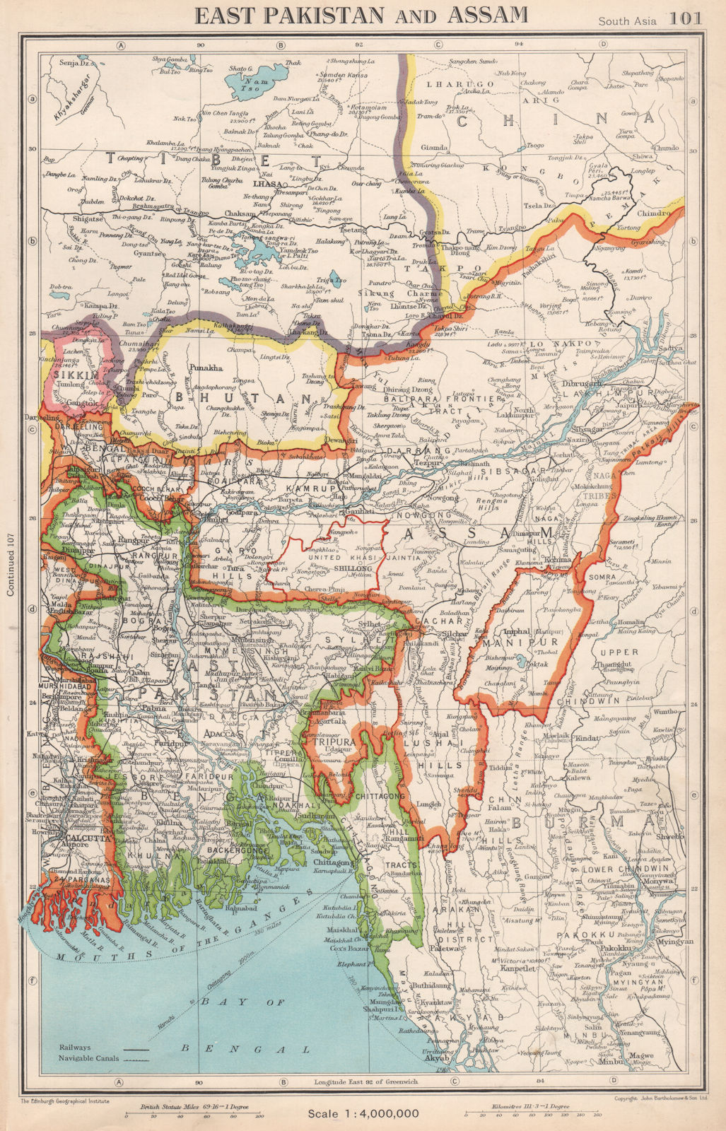 SOUTH ASIA. East Pakistan, Assam, Bhutan & independent Sikkim & Tibet 1952 map