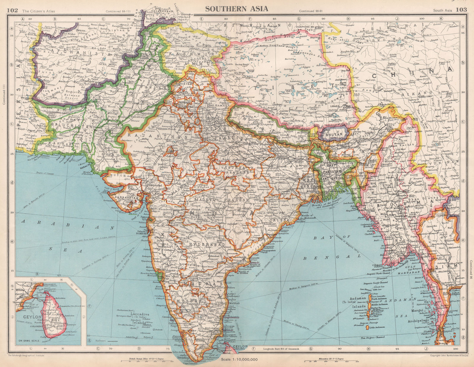 SOUTH ASIA. Independent Sikkim Tibet Jammu/Kashmir. Portuguese enclaves 1952 map