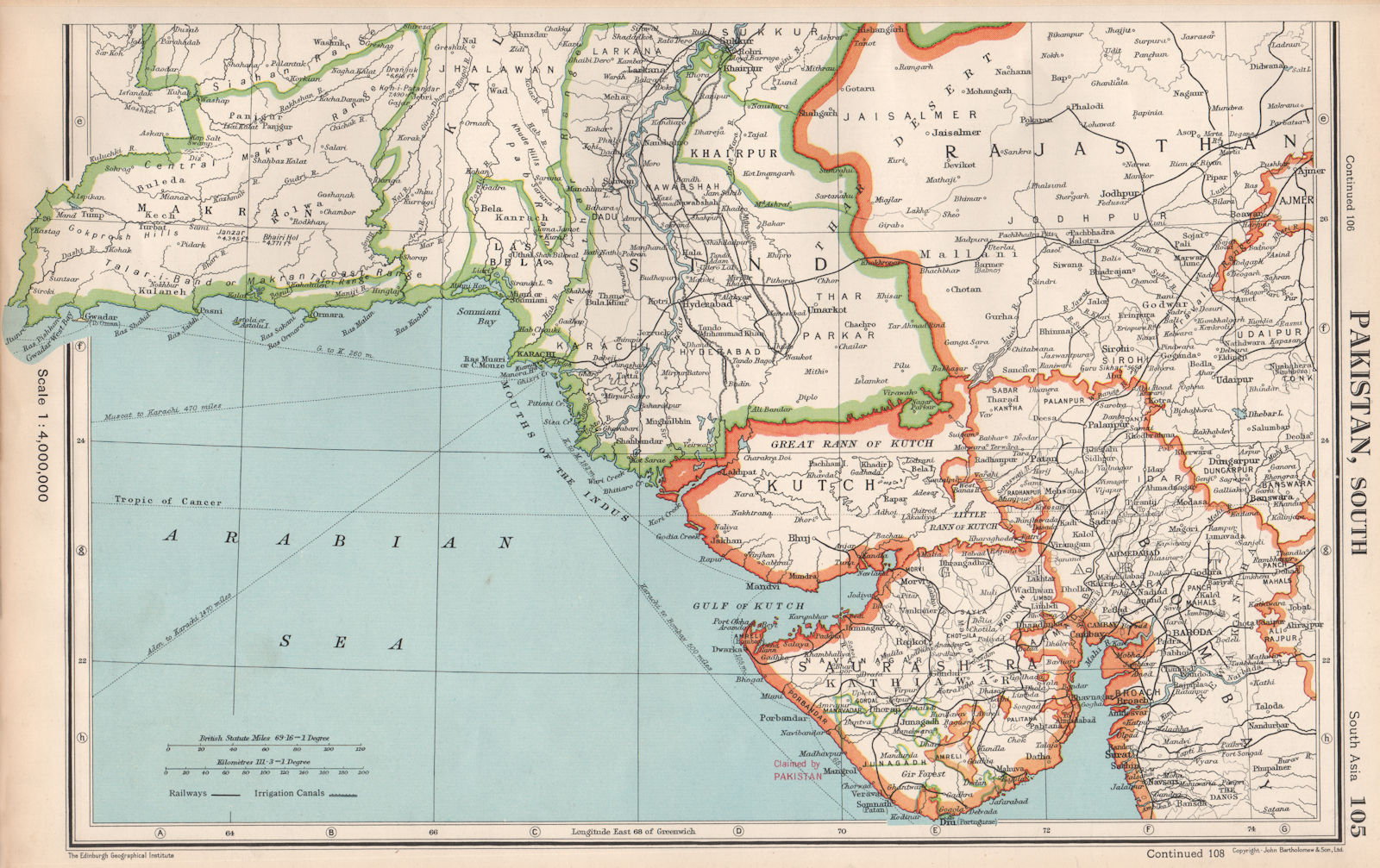 Associate Product SOUTH ASIA. Shows Pakistan claim on Junagadh & Portuguese Diu. Gujarat 1952 map