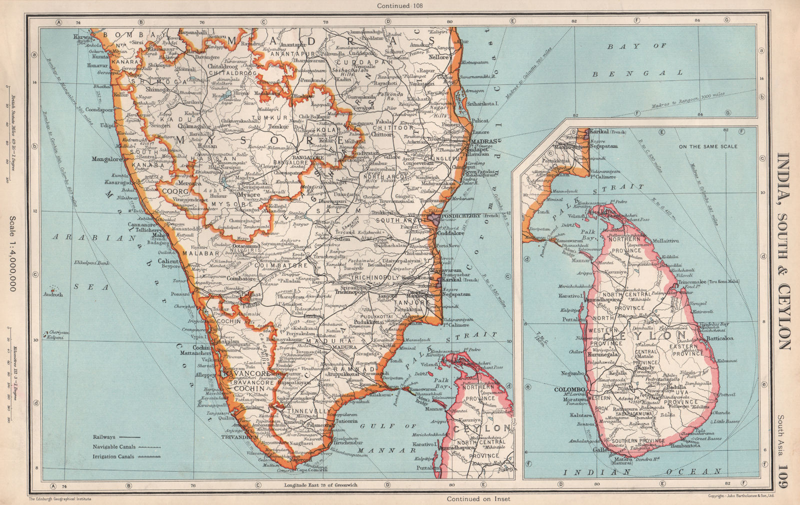 INDIA SOUTH & CEYLON (SRI LANKA) . Mysore Madras (Chennai) Kochi 1952 old map