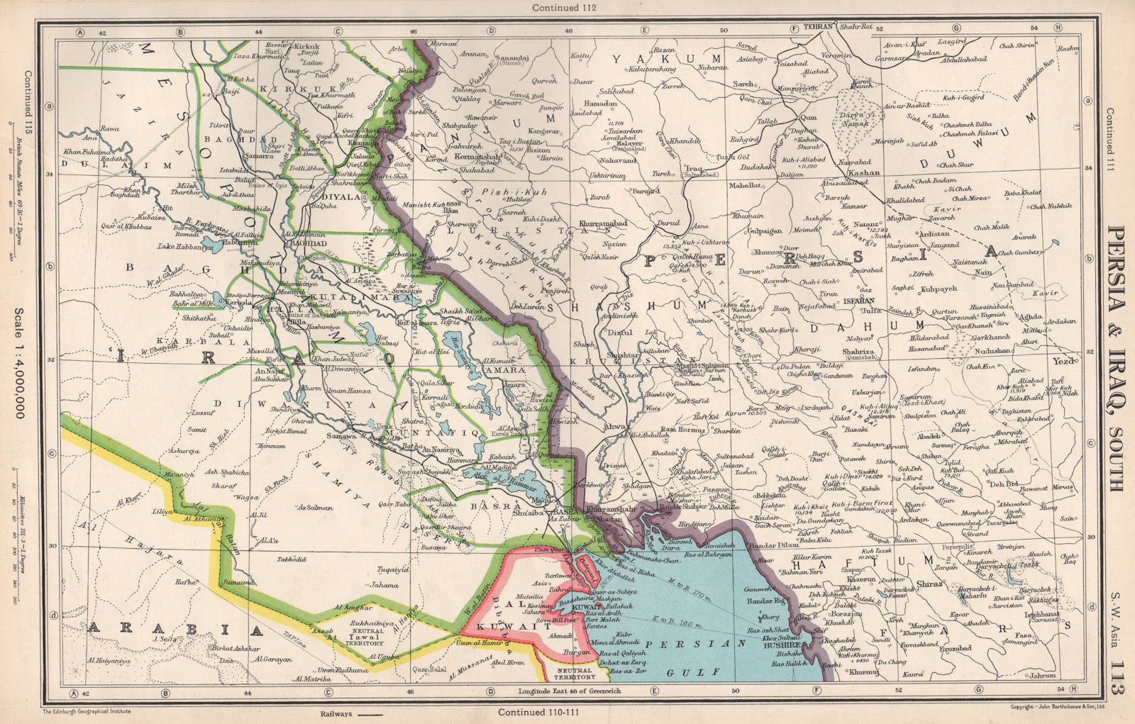 MIDDLE EAST.Persia(Iran)& Iraq south.Kuwait.Iraq/Saudi neutral zone 1952 map