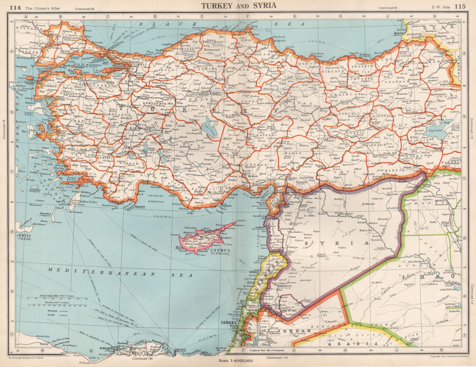 TURKEY & LEVANT. Syria Cyprus Lebanon Israel. Jordanian West Bank 1952 old map