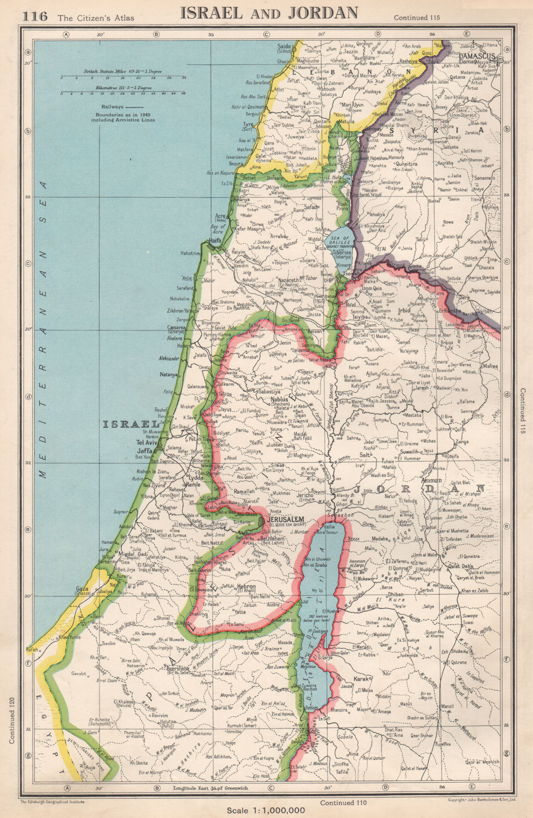 ISRAEL & JORDAN. West Bank shown as Jordanian. Gaza as Egyptian 1952 old map