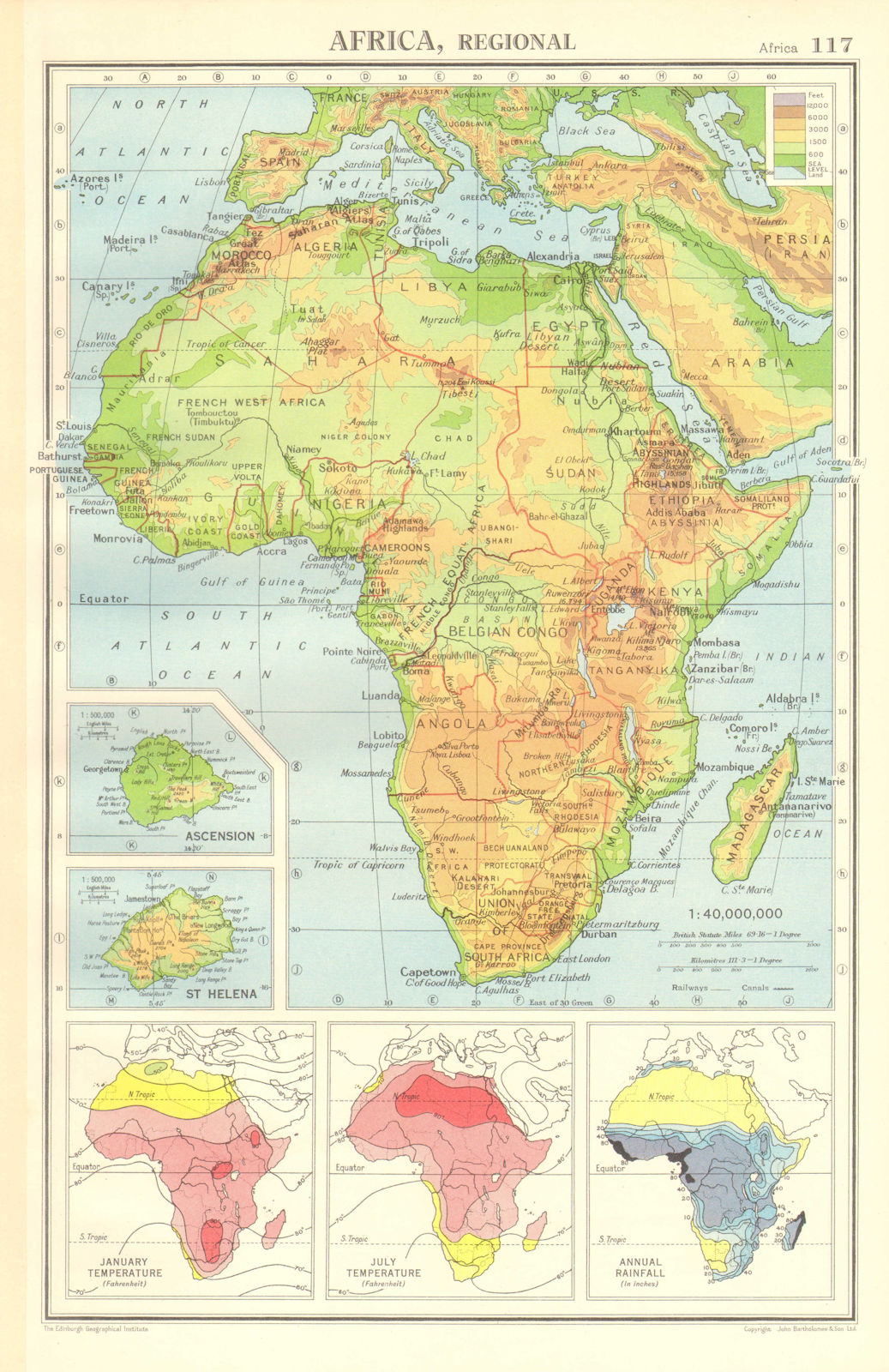 Associate Product AFRICA PHYSICAL & CLIMATE.January July temperature.Rainfall.BARTHOLOMEW 1952 map