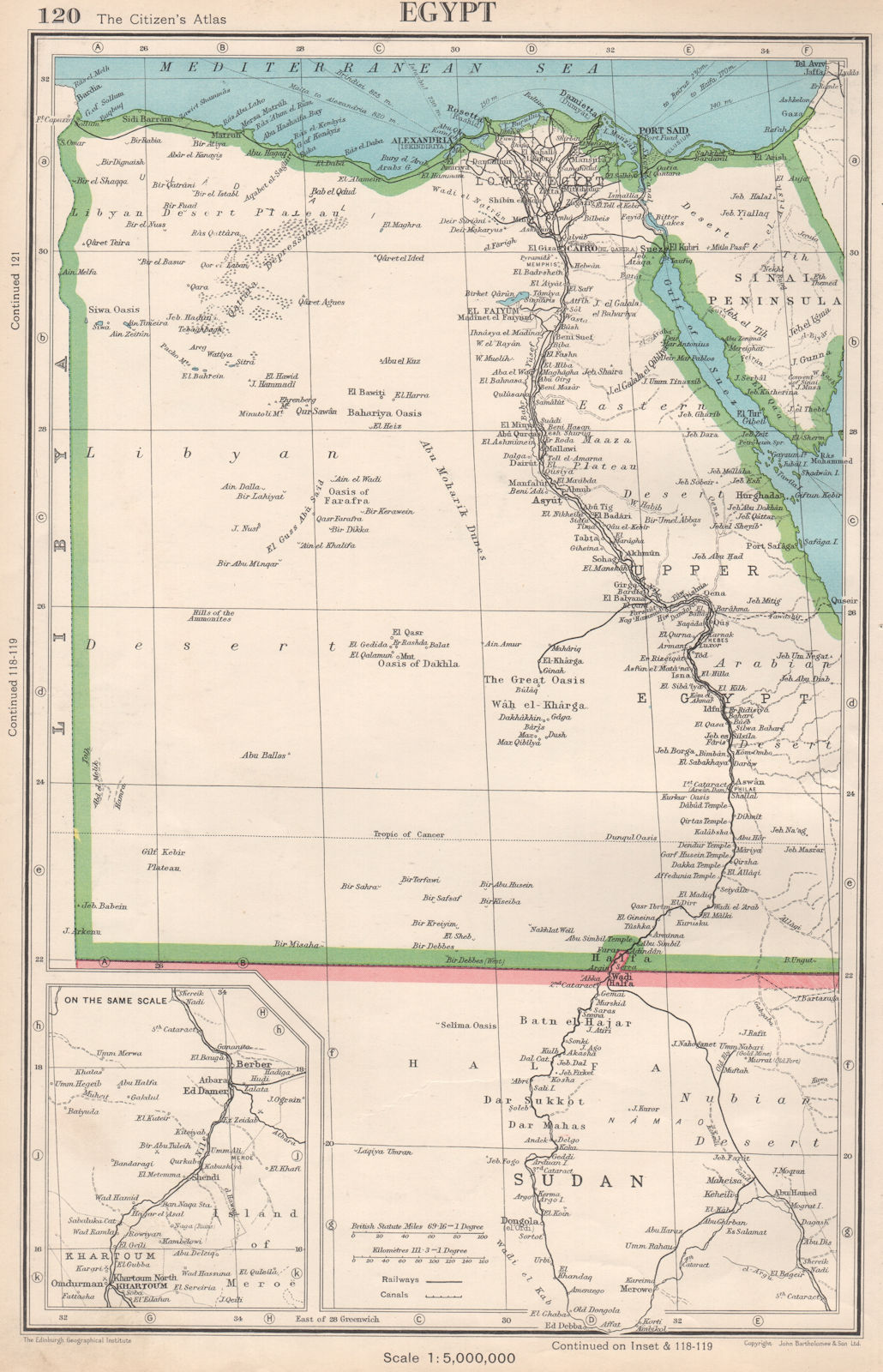 EGYPT. & Nile Valley. BARTHOLOMEW 1952 old vintage map plan chart