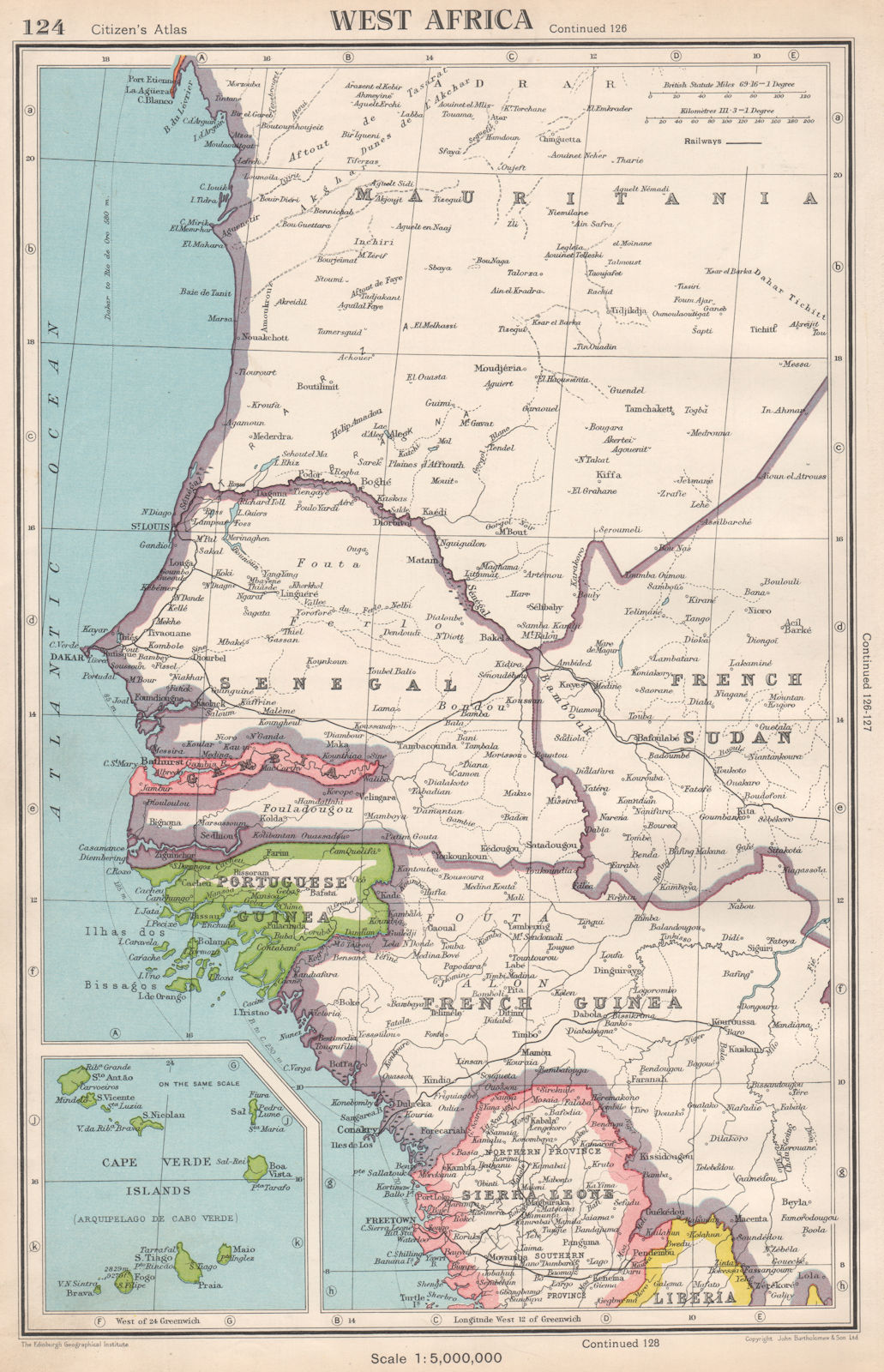 CAPE VERDE. French/Portuguese Guinea Gambia Senegal Sierra Leone 1952 old map