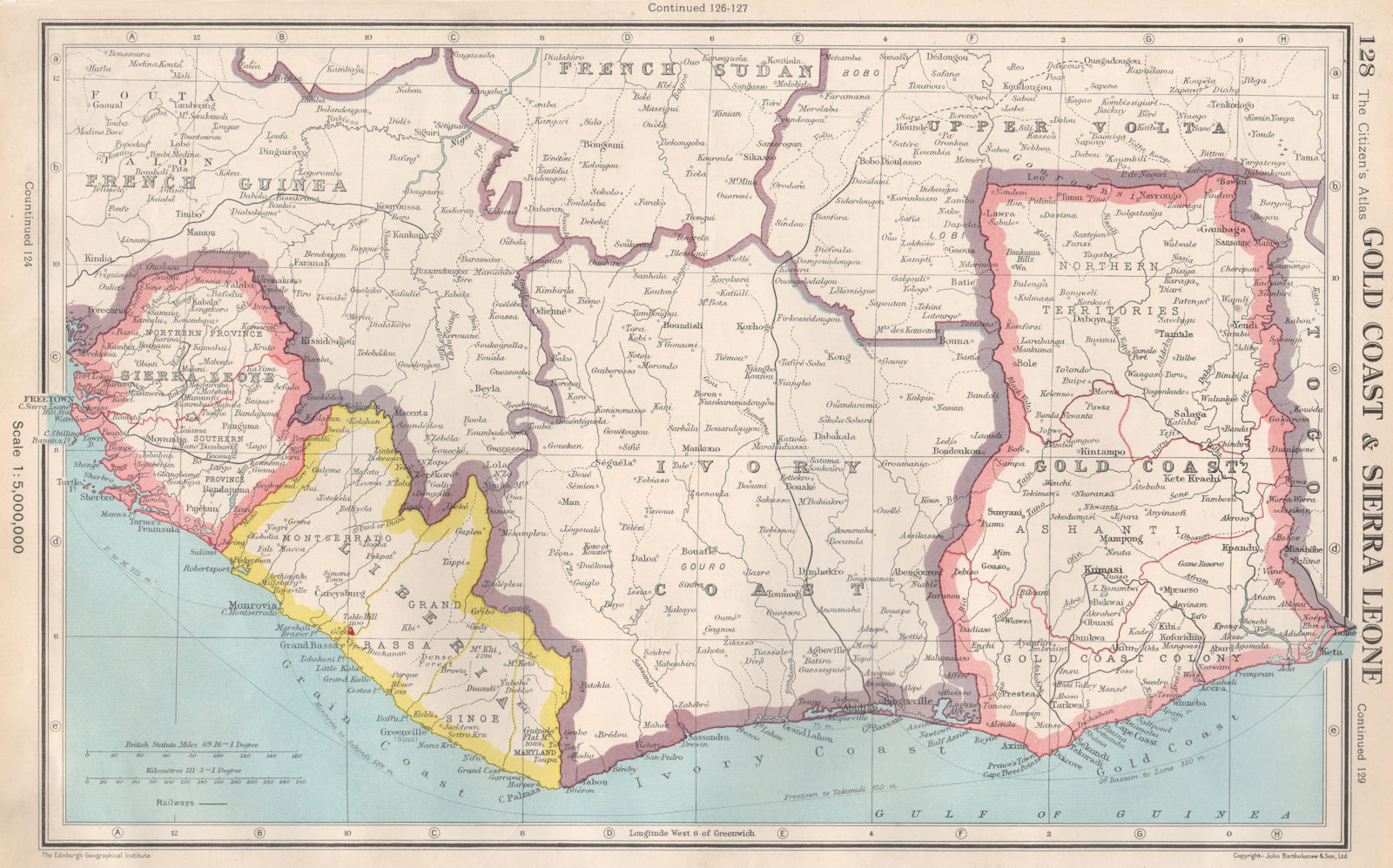 WEST AFRICA. Gold Coast (Ghana) Sierra Leone Liberia Ivory Coast 1952 map