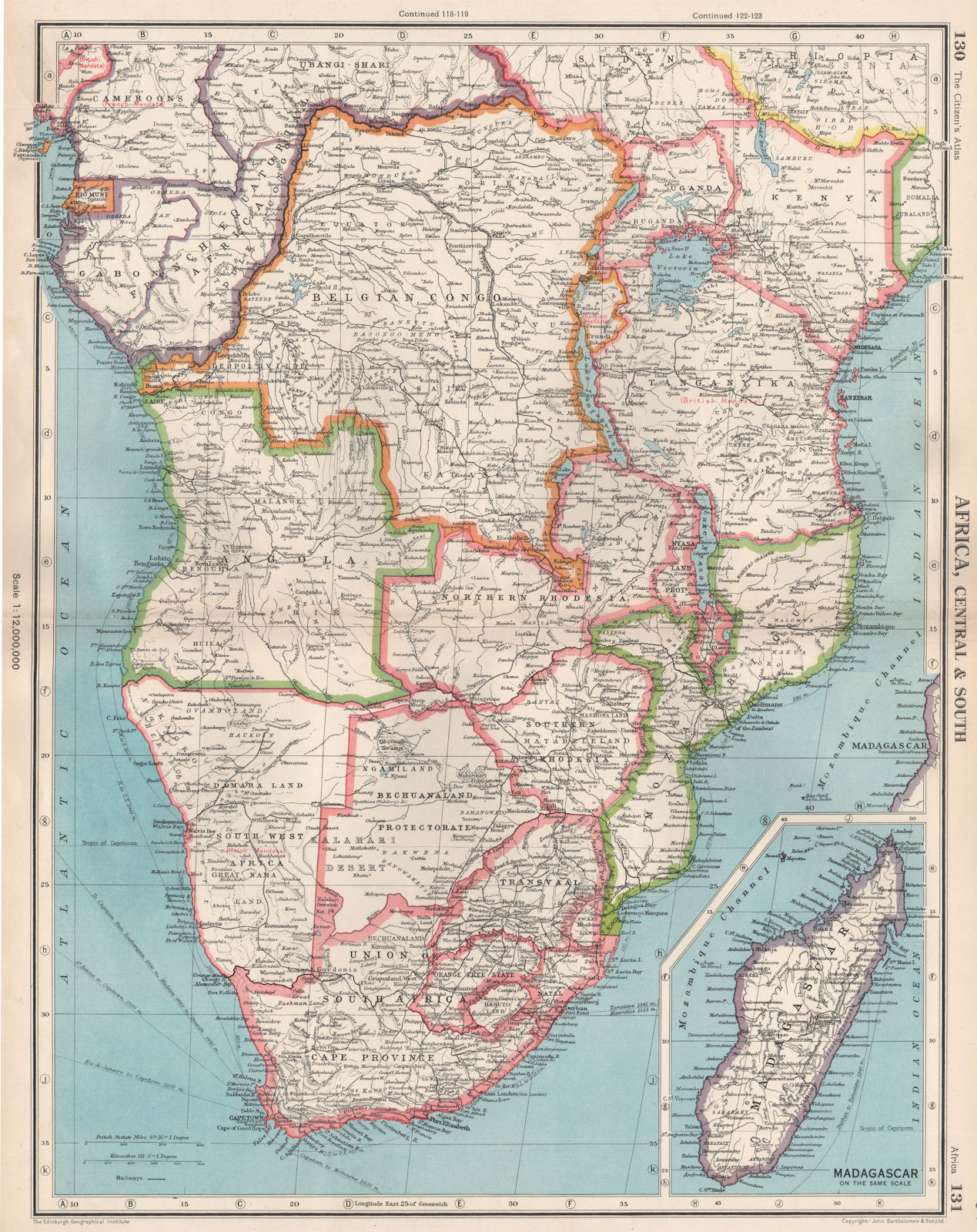 SOUTHERN AFRICA. Belgian Congo Rhodesia Bechuanaland Tangyanika 1952 old map