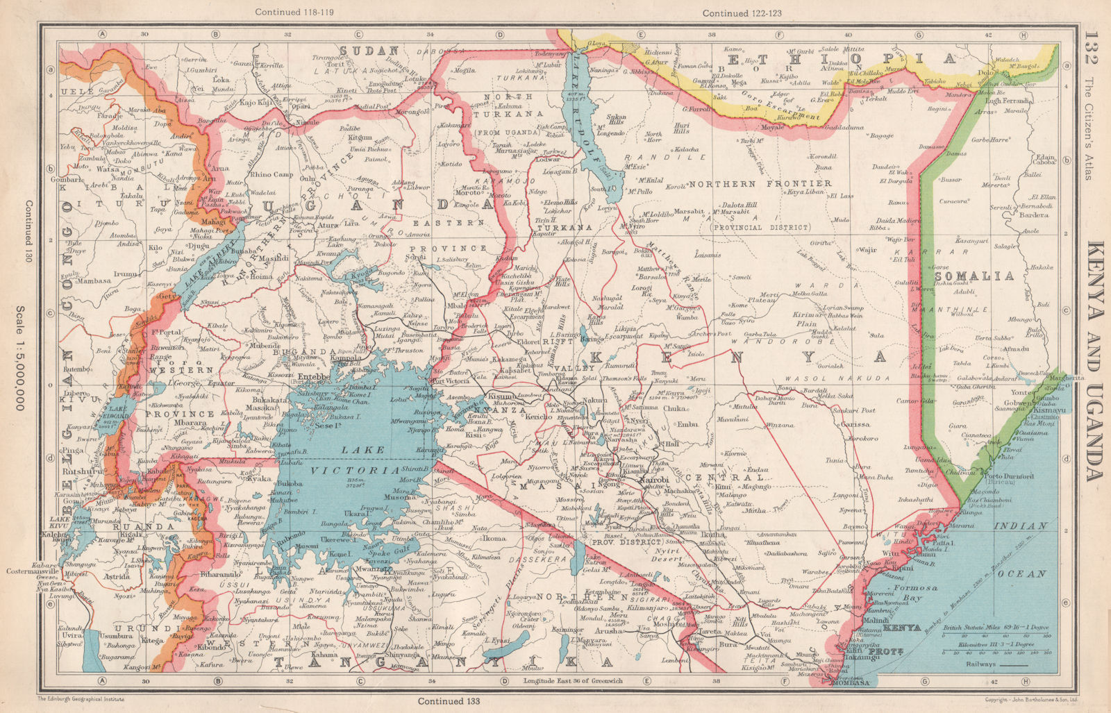 EAST AFRICA. Kenya and Uganda. Lake Victoria. BARTHOLOMEW 1952 old vintage map