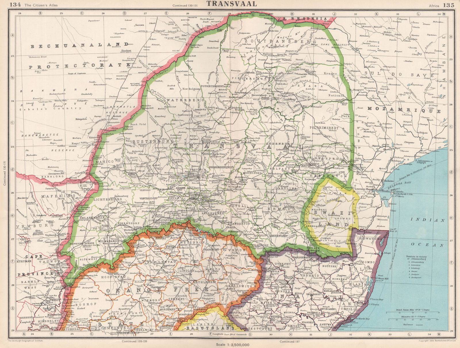TRANSVAAL. South Africa. Railways. + Swaziland. BARTHOLOMEW 1952 old map