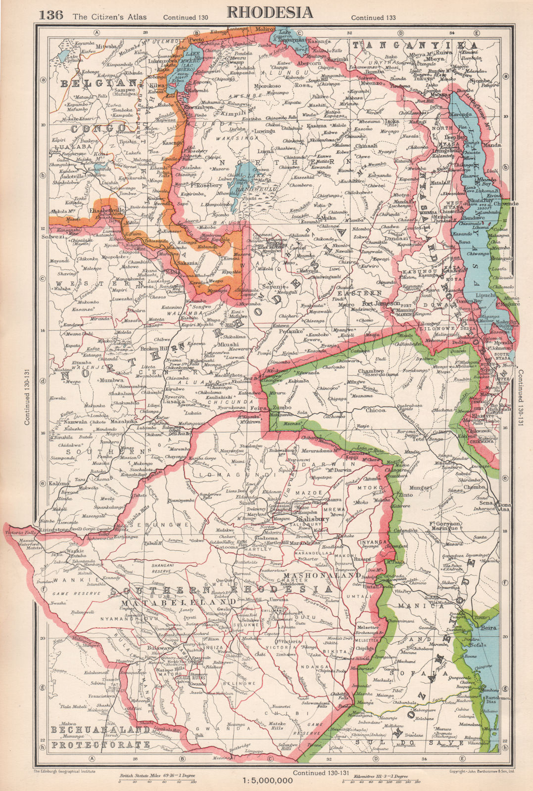 RHODESIA. Southern/Northern Rhodesia. Zimbabwe. Zambia. BARTHOLOMEW 1952 map