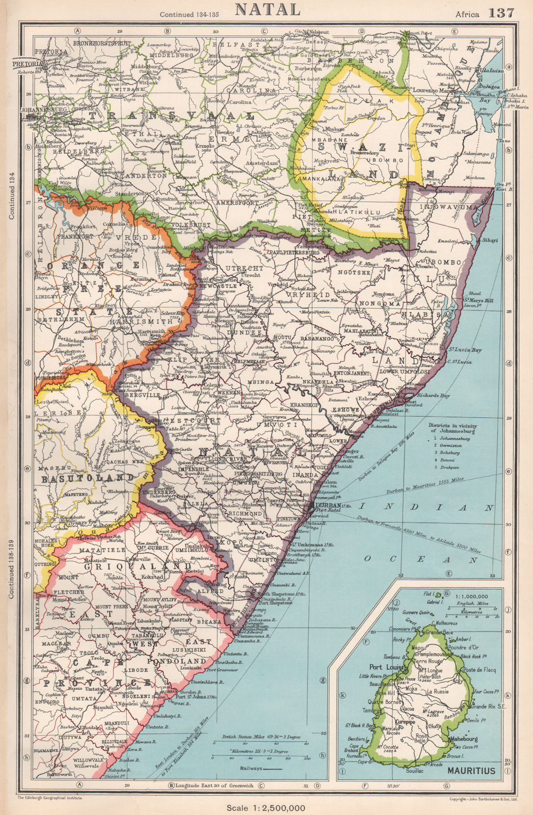 NATAL & SWAZILAND. inset Mauritius. South Africa. BARTHOLOMEW 1952 old map