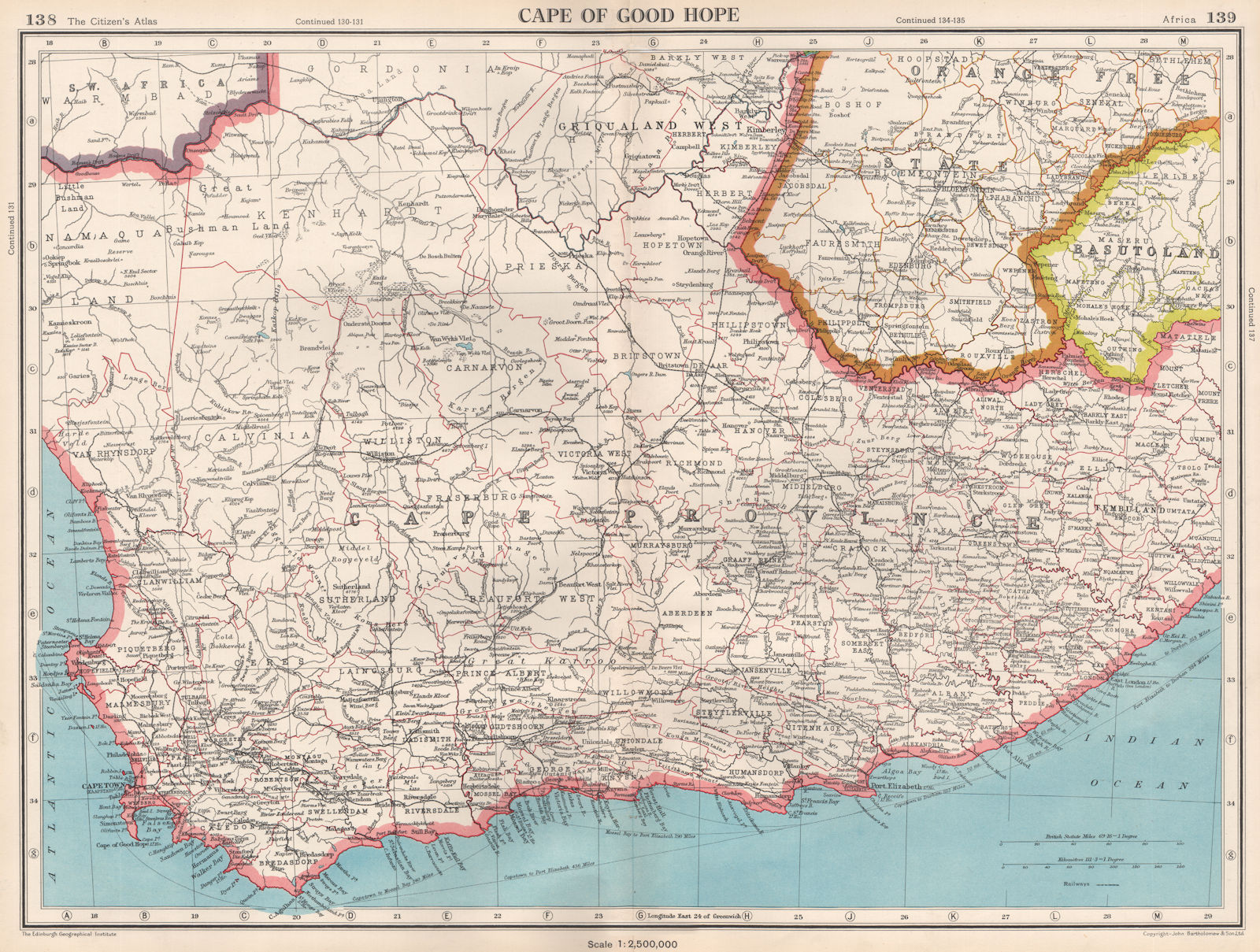 CAPE OF GOOD HOPE. Cape Province. South Africa. BARTHOLOMEW 1952 old map