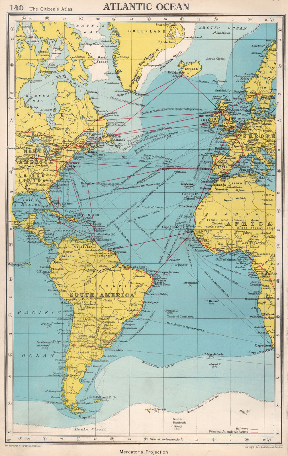 ATLANTIC OCEAN. Shows main air & shipping routes, drift/pack ice limits 1952 map
