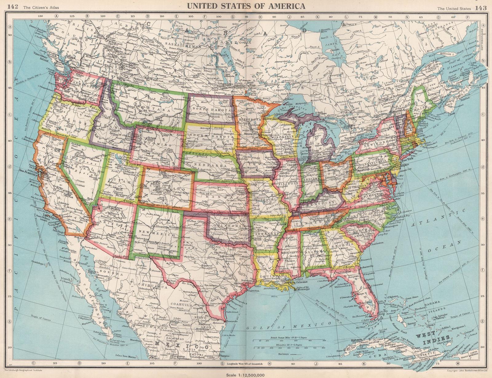 USA. United States of America. State map. BARTHOLOMEW 1952 old vintage