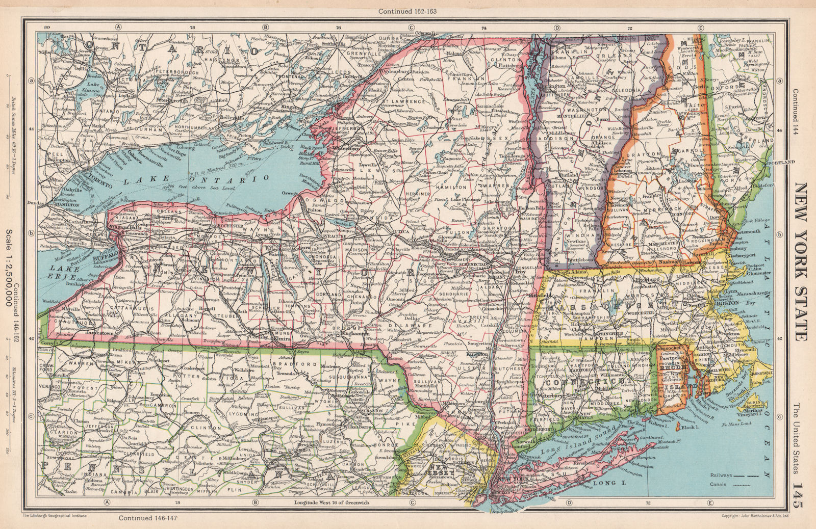 Associate Product NEW YORK STATE. + Connecticut Vermont Massachusetts RI. BARTHOLOMEW 1952 map