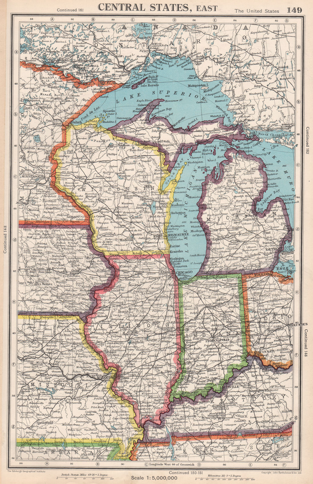 MIDWEST USA. WI Michigan Illinois Indiana. Great Lakes. BARTHOLOMEW 1952 map