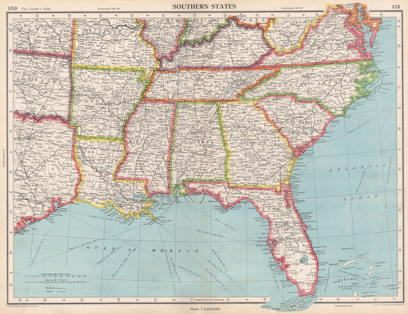Associate Product USA SOUTHERN STATES.Florida Georgia LA MS AL NC SC TN AR KY.BARTHOLOMEW 1952 map
