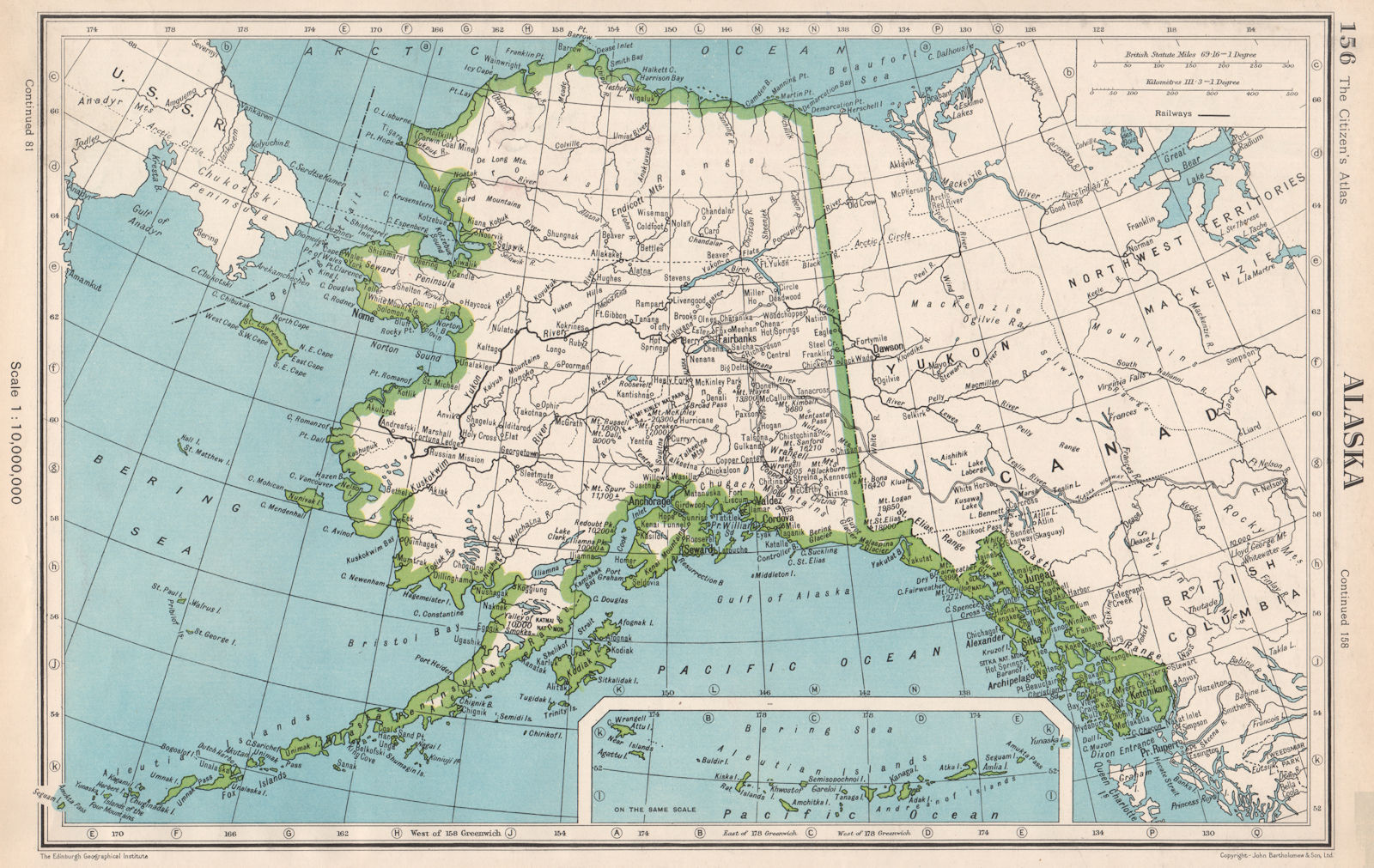 ALASKA. railways. Mountains. BARTHOLOMEW 1952 old vintage map plan chart