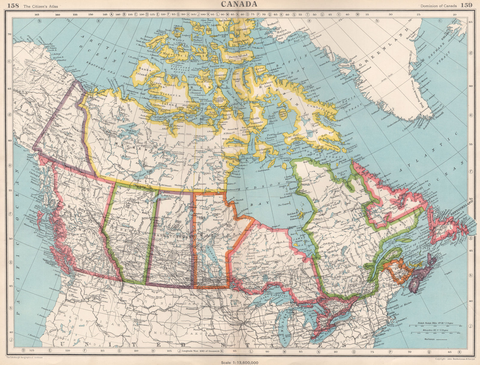 CANADA. showing provinces & railways. BARTHOLOMEW 1952 old vintage map chart