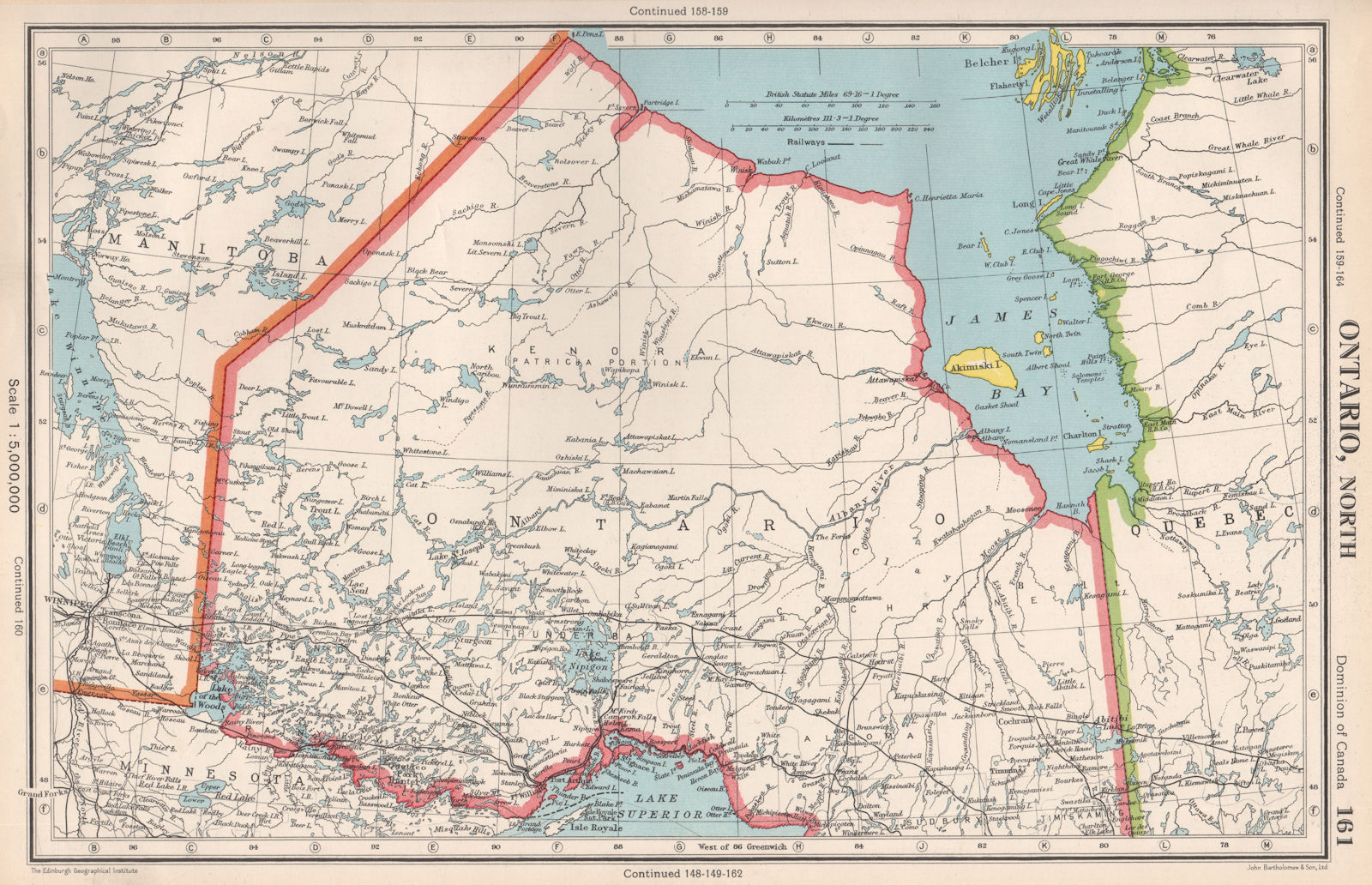 ONTARIO NORTH. Railways. James Bay. Canada. BARTHOLOMEW 1952 old vintage map