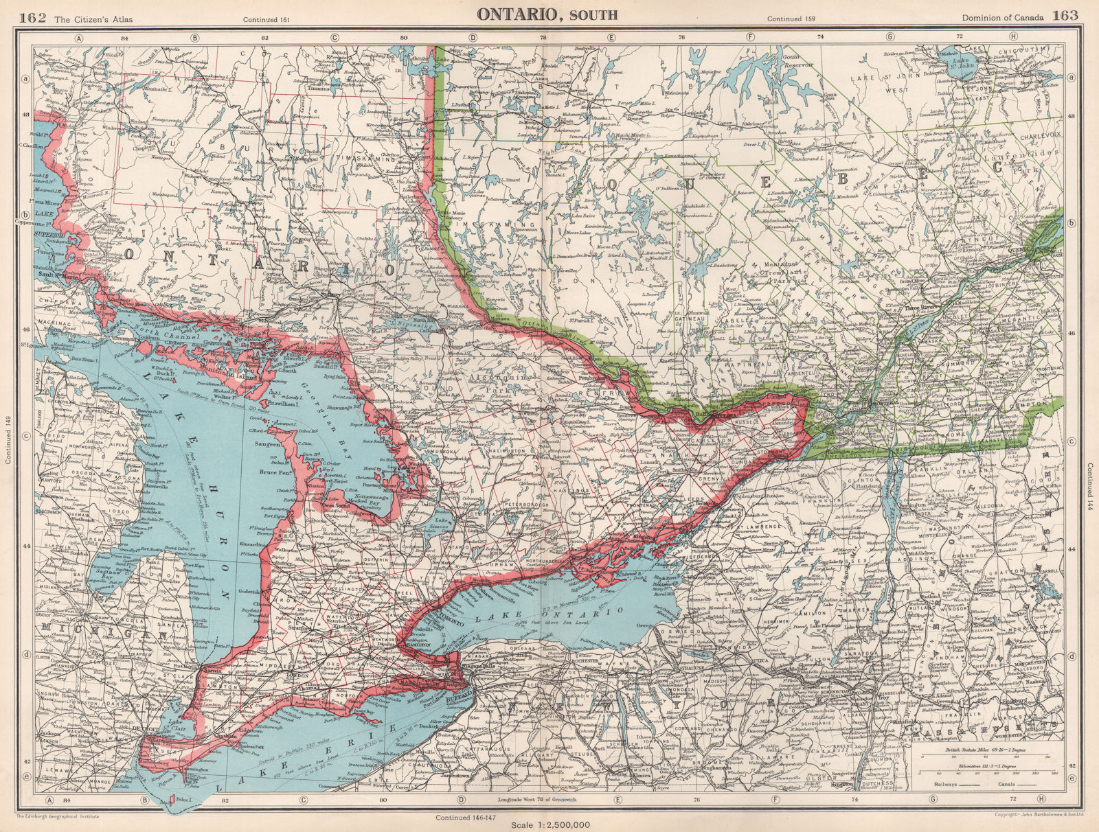 ONTARIO SOUTH. counties. Lake Ontario Huron Erie. Canada. BARTHOLOMEW 1952 map