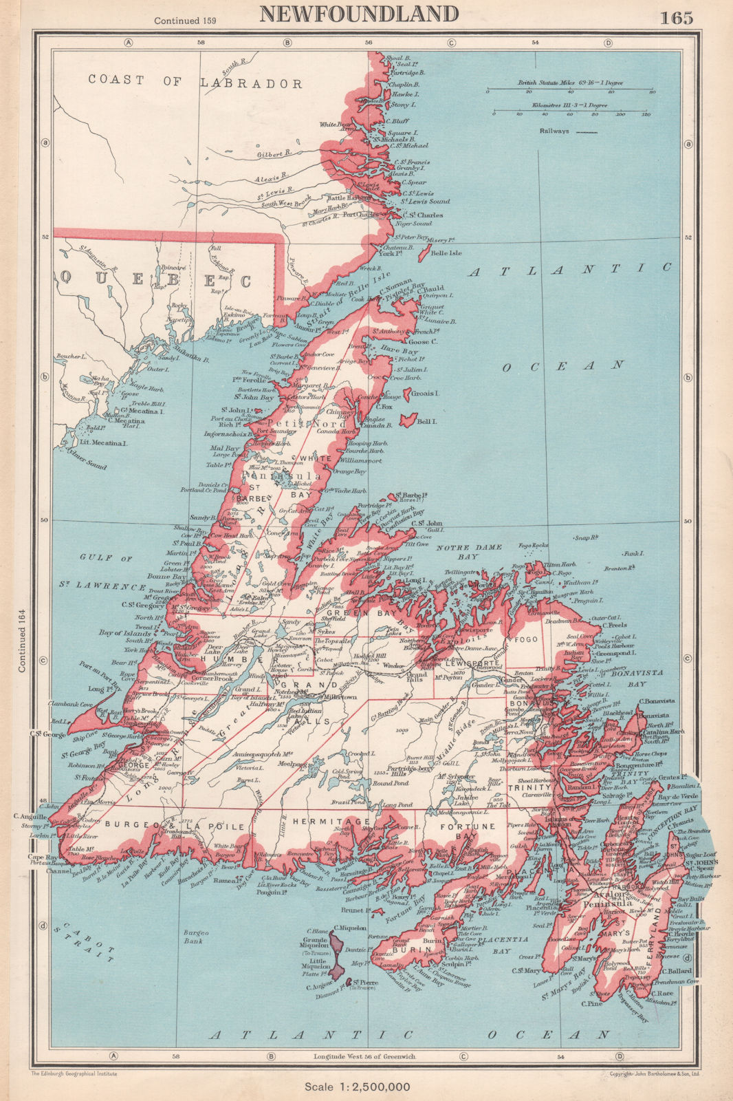 NEWFOUNDLAND.showing divisions.St Pierre & Miquelon.Canada.BARTHOLOMEW 1952 map
