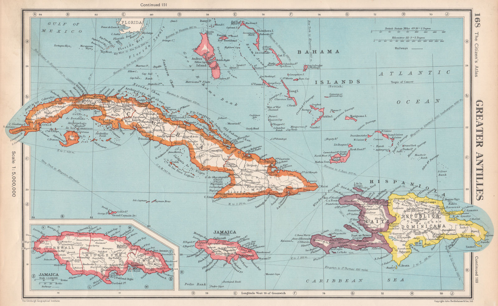 GREATER ANTILLES.Cuba Hispaniola Jamaica Bahamas.Haiti Dominican Rep. 1952 map