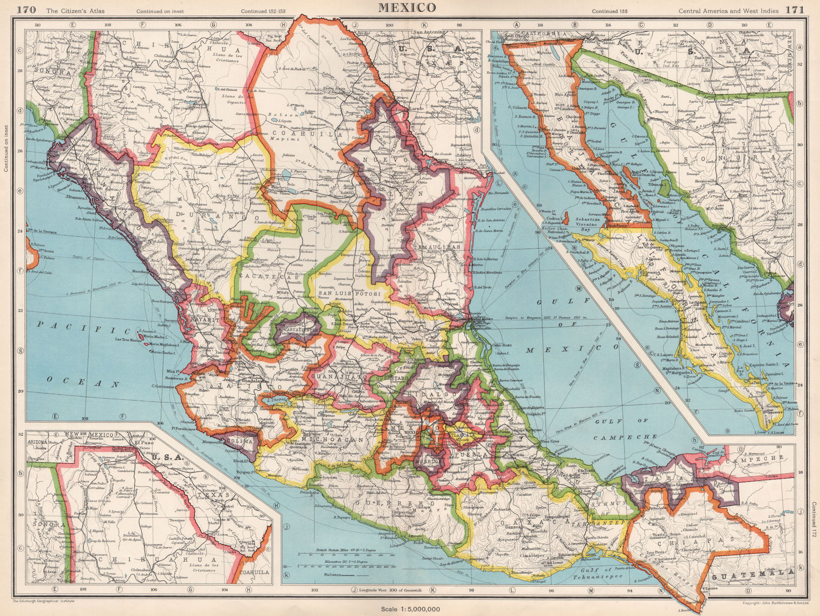 MEXICO. showing states. BARTHOLOMEW 1952 old vintage map plan chart