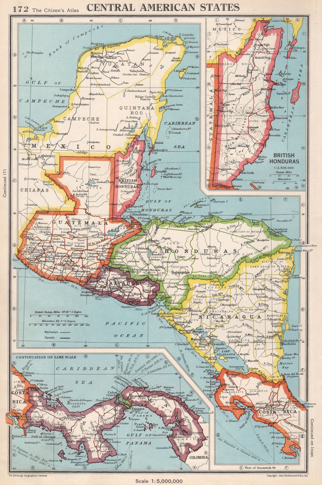 CENTRAL AMERICA.Panama Guatemala Nicaragua Costa Rica British Honduras 1952 map
