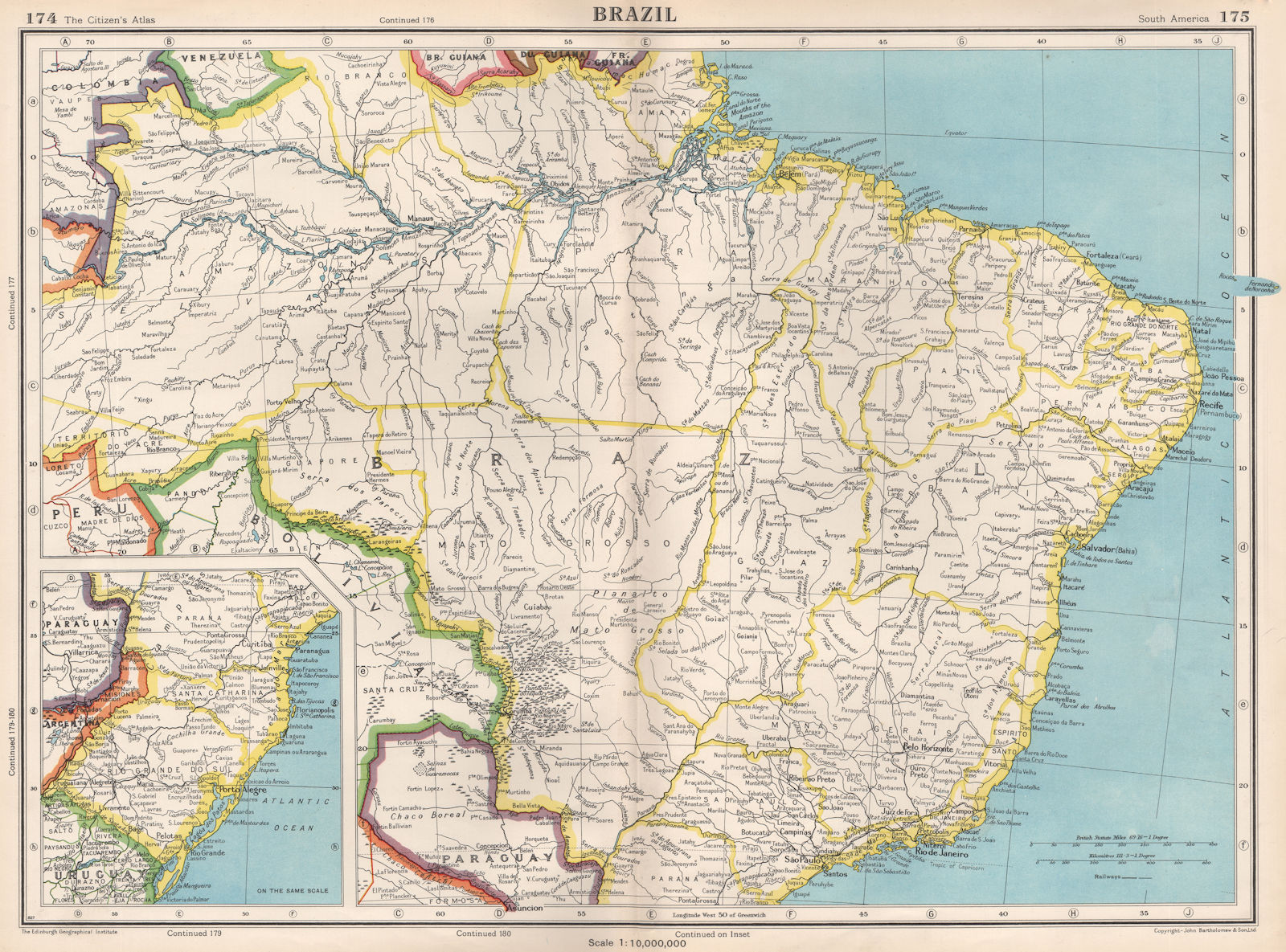 BRAZIL. also Paraguay. BARTHOLOMEW 1952 old vintage map plan chart