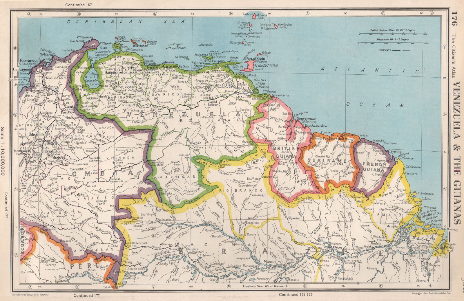 VENEZUELA & THE GUIANAS. British French Dutch Suriname. BARTHOLOMEW 1952 map