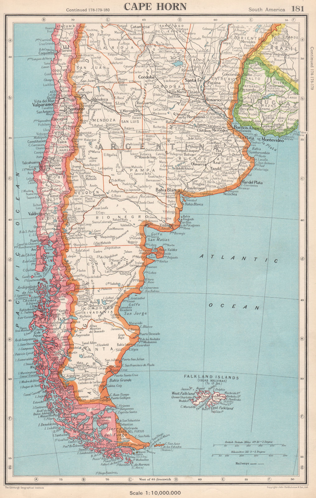 CAPE HORN. Patagonia Argentina Chile Falkland Islands. BARTHOLOMEW 1952 map