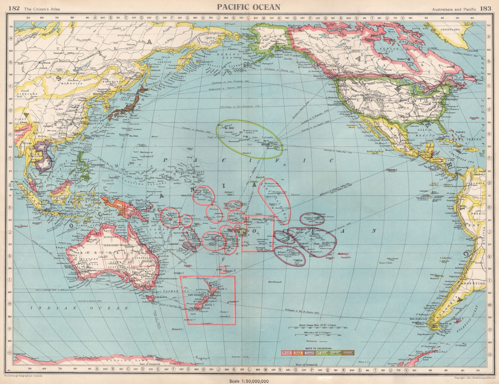 PACIFIC OCEAN.Showing post WW2 colonies.British US French.BARTHOLOMEW 1952 map