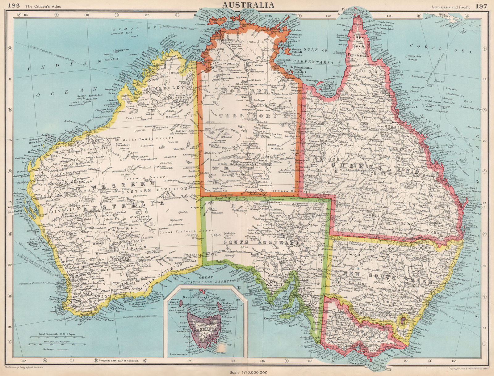 AUSTRALIA. Showing states and railways. BARTHOLOMEW 1952 old vintage map chart