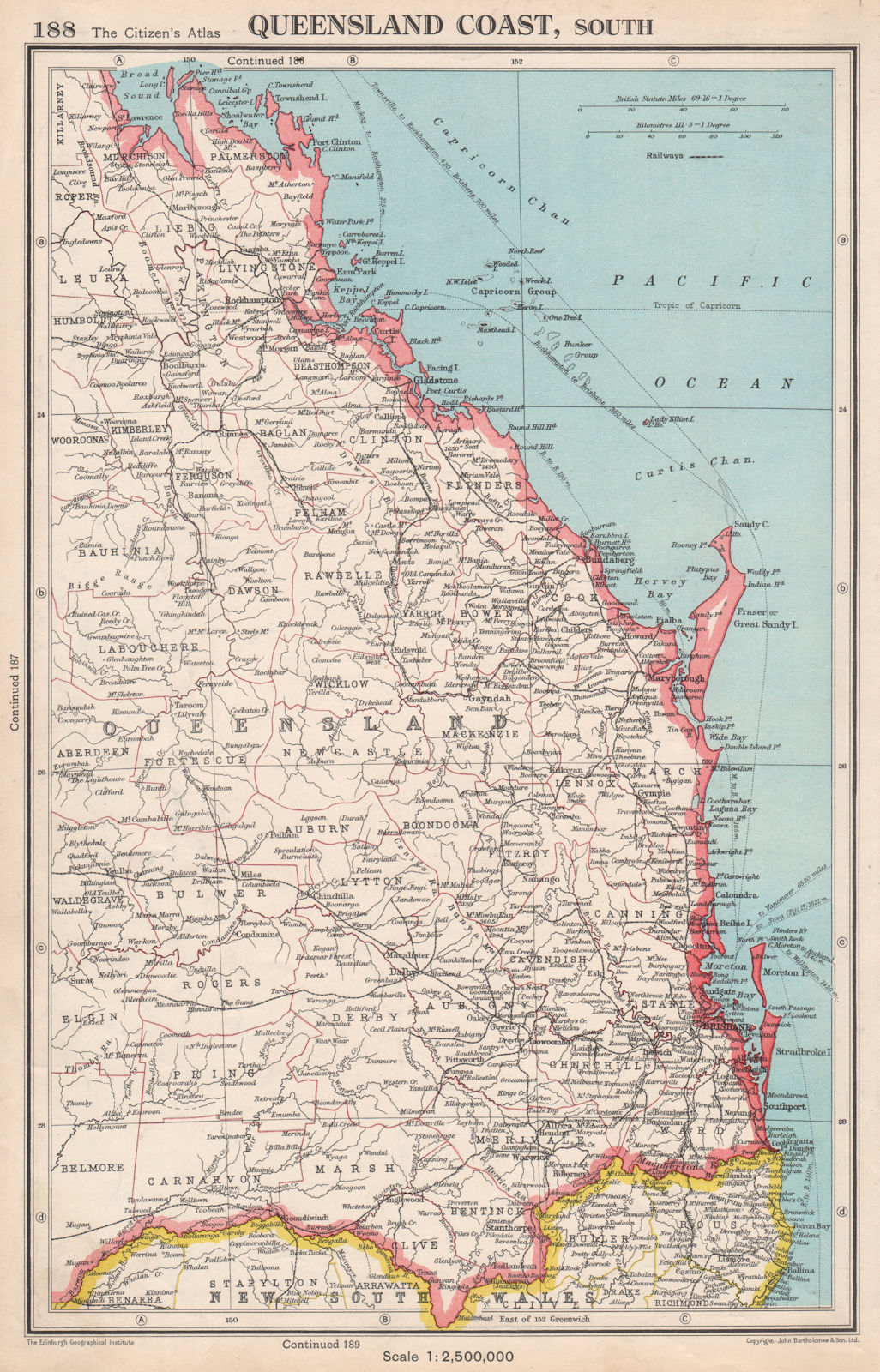 QUEENSLAND COAST, SOUTH. showing counties. BARTHOLOMEW 1952 old vintage map