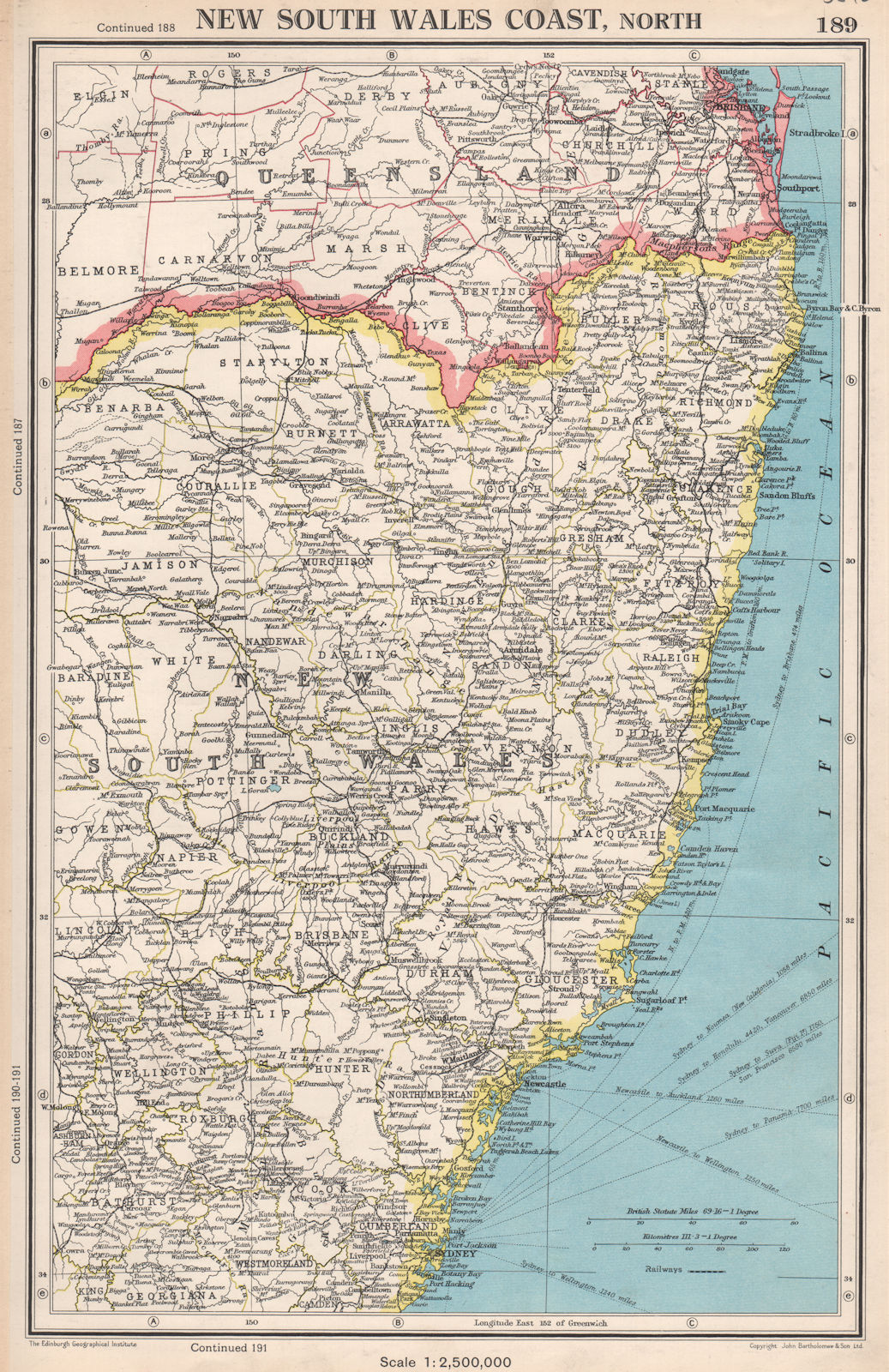 Associate Product NEW SOUTH WALES COAST, NORTH. showing counties. BARTHOLOMEW 1952 old map