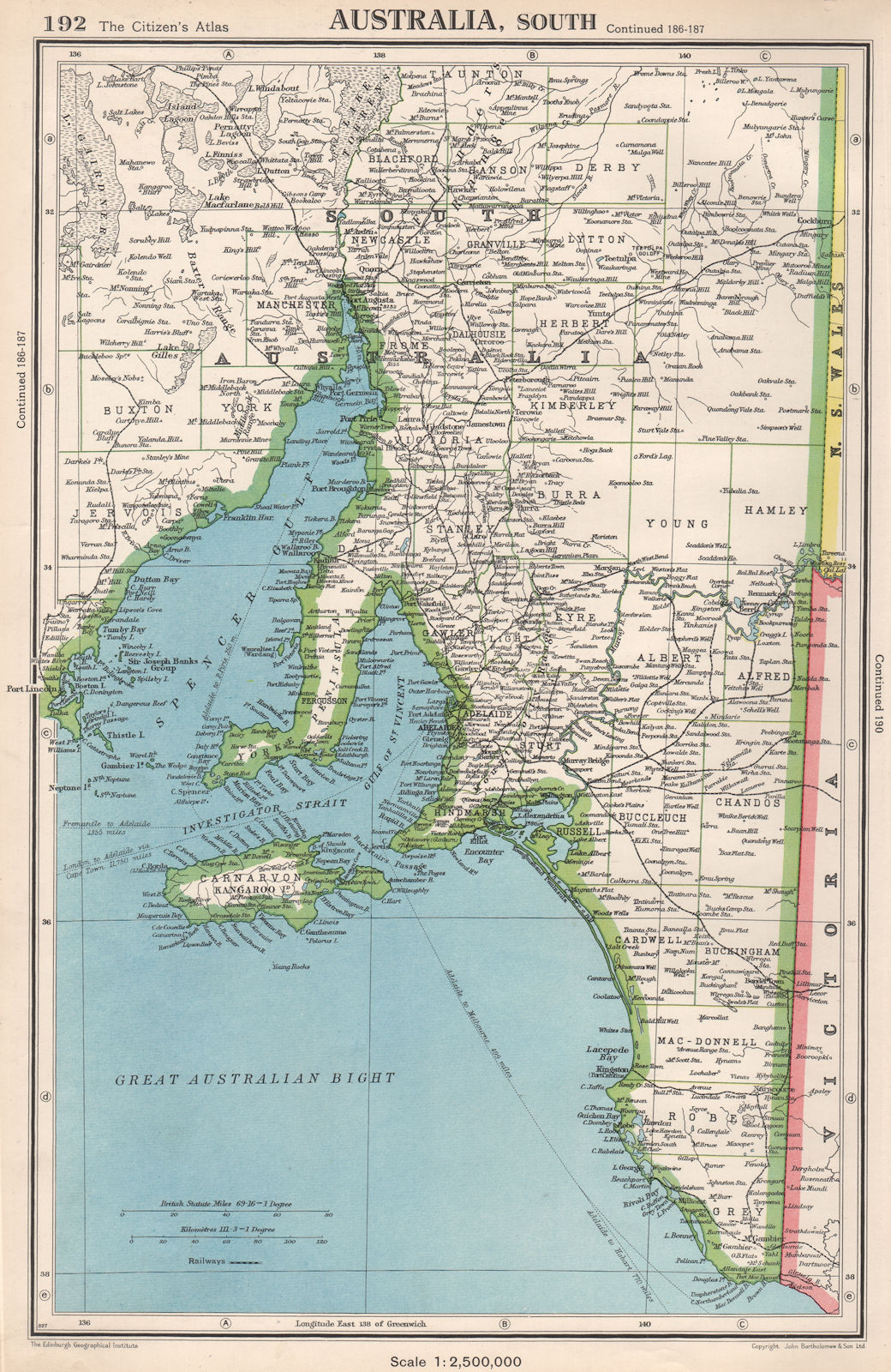 SOUTH AUSTRALIA.showing counties.Spencer Gulf of St Vincent.BARTHOLOMEW 1952 map