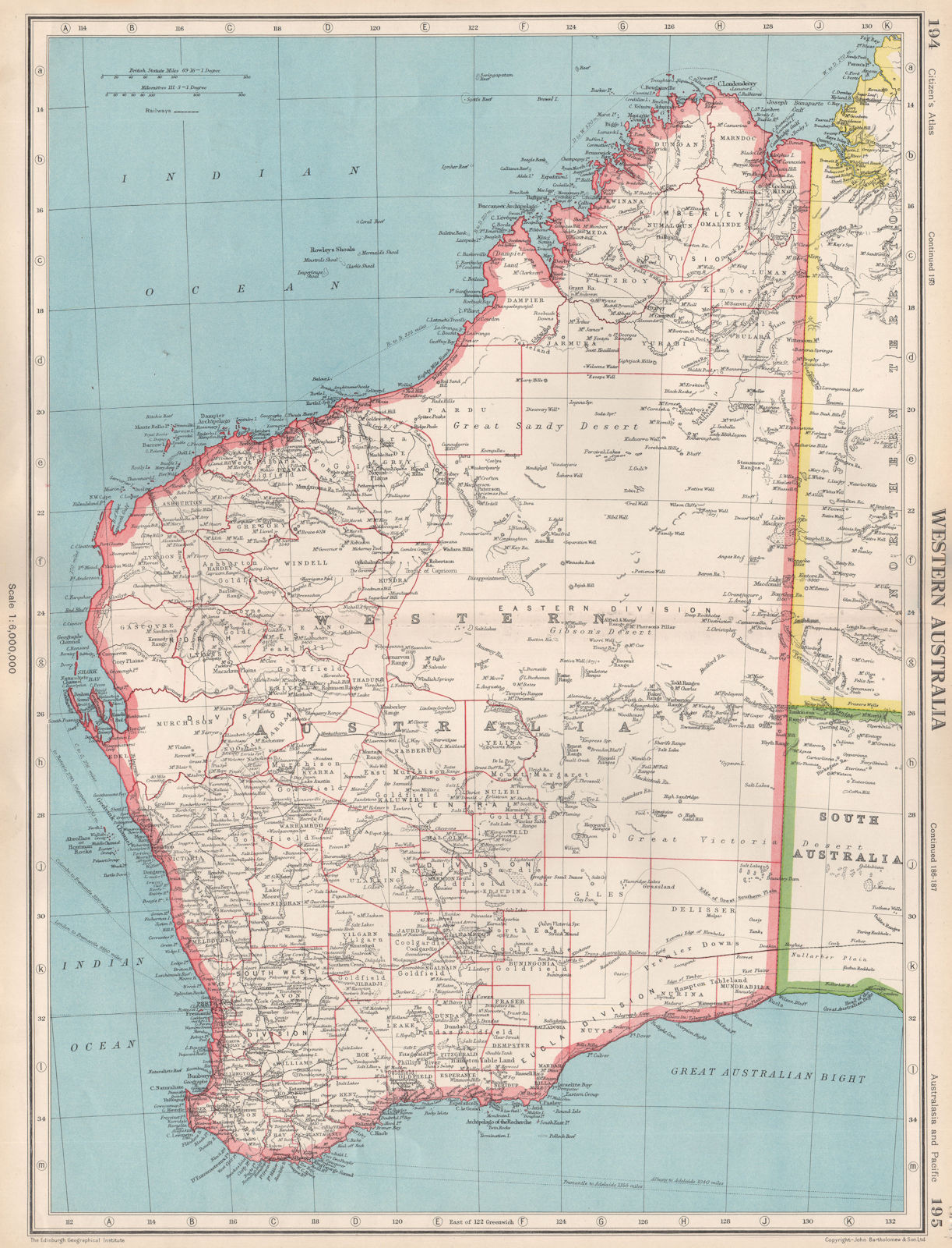Associate Product WESTERN AUSTRALIA. showing land districts & goldfields. BARTHOLOMEW 1952 map